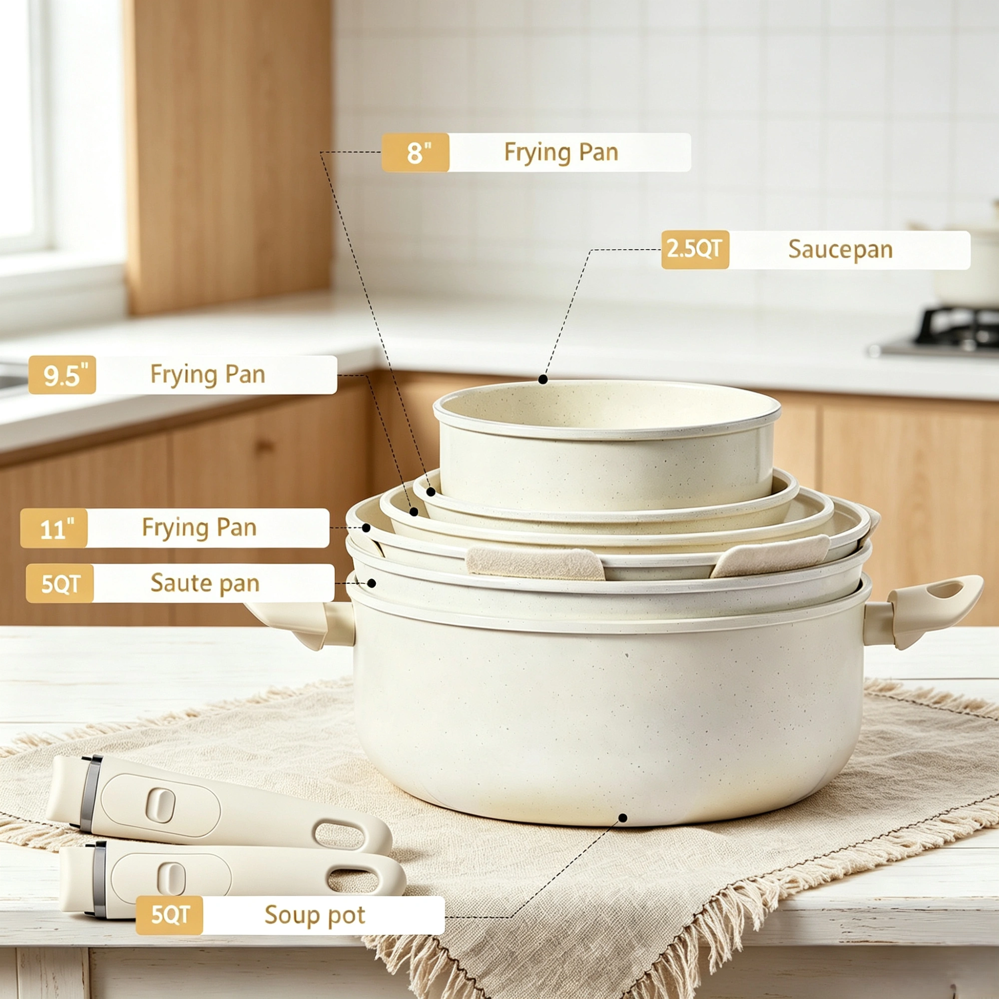 22-Piece Aluminum Cookware Set, 6 Pots with 3 Lids, Detachable Handles, Non-Stick Kitchen Cookware view 4