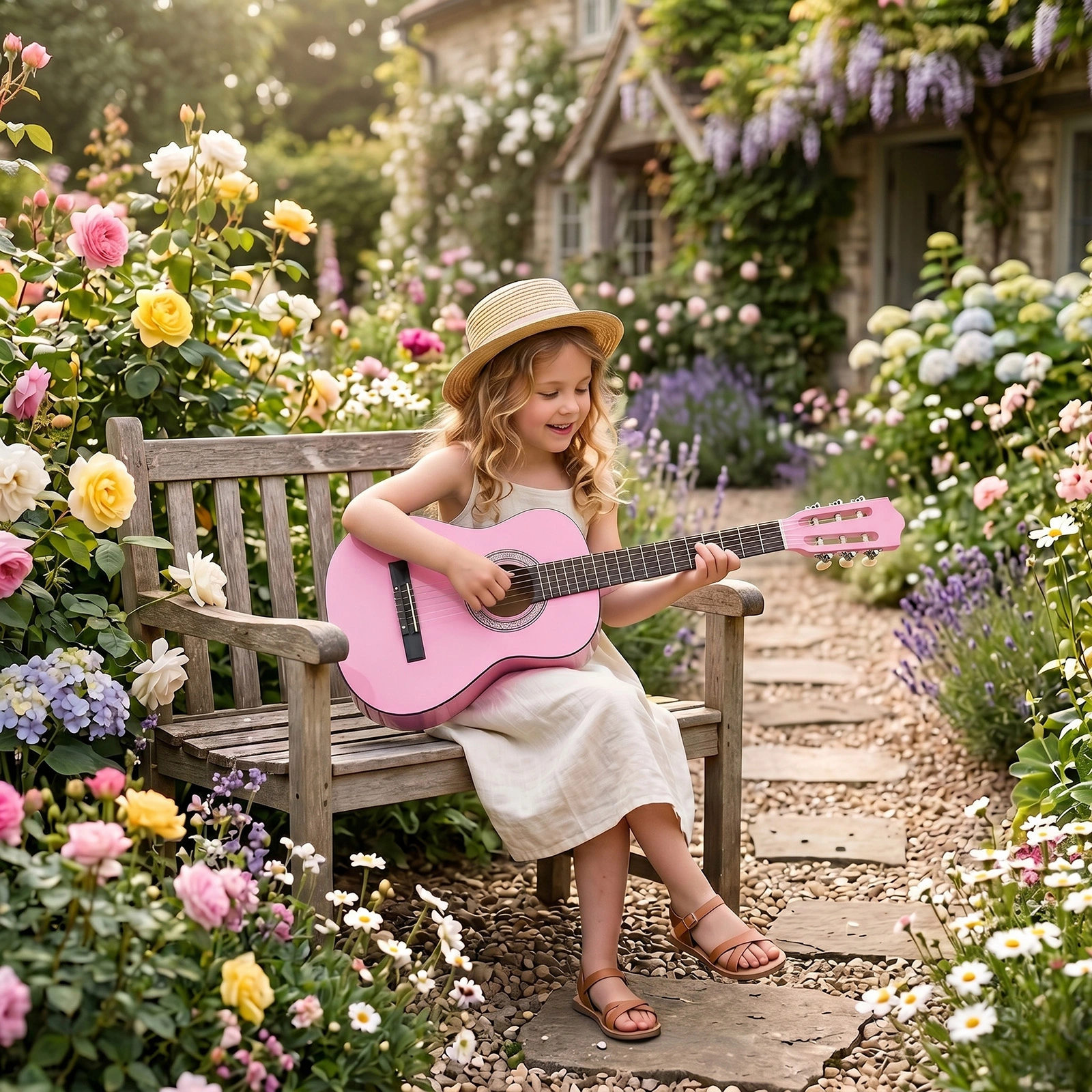 Light pink 30-inch Round Acoustic Guitar with Picks, Strings, Capo, Case, Tuner, and Strap view 10