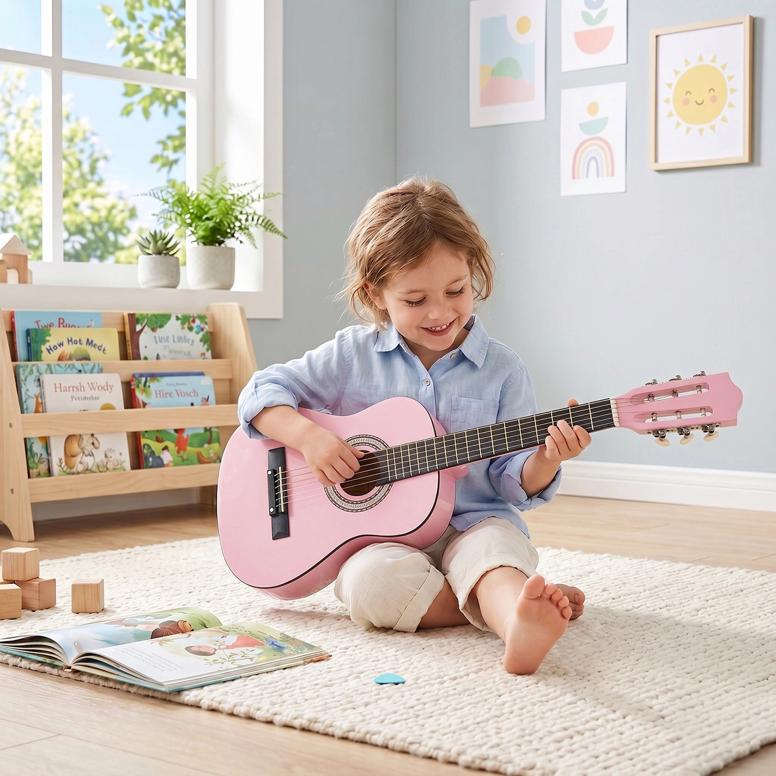 Light pink 30-inch Round Acoustic Guitar with Picks, Strings, Capo, Case, Tuner, and Strap view 11