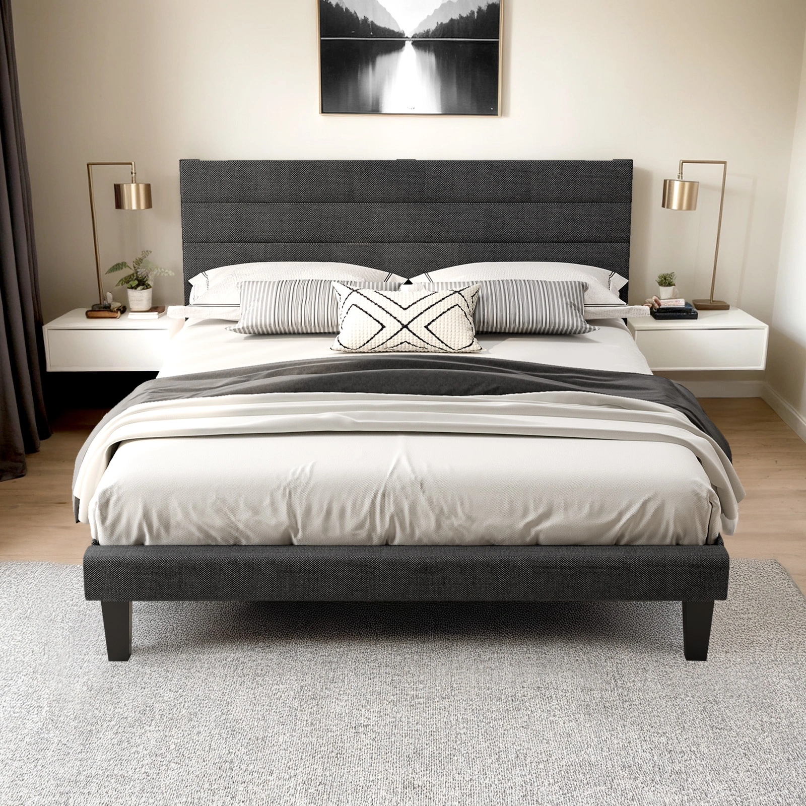 Dark Gray King Size Tufted Platform Bed Frame - Linen-Like Upholstery with Horizontal Stripe Headboard, Soft Padded Design view 8