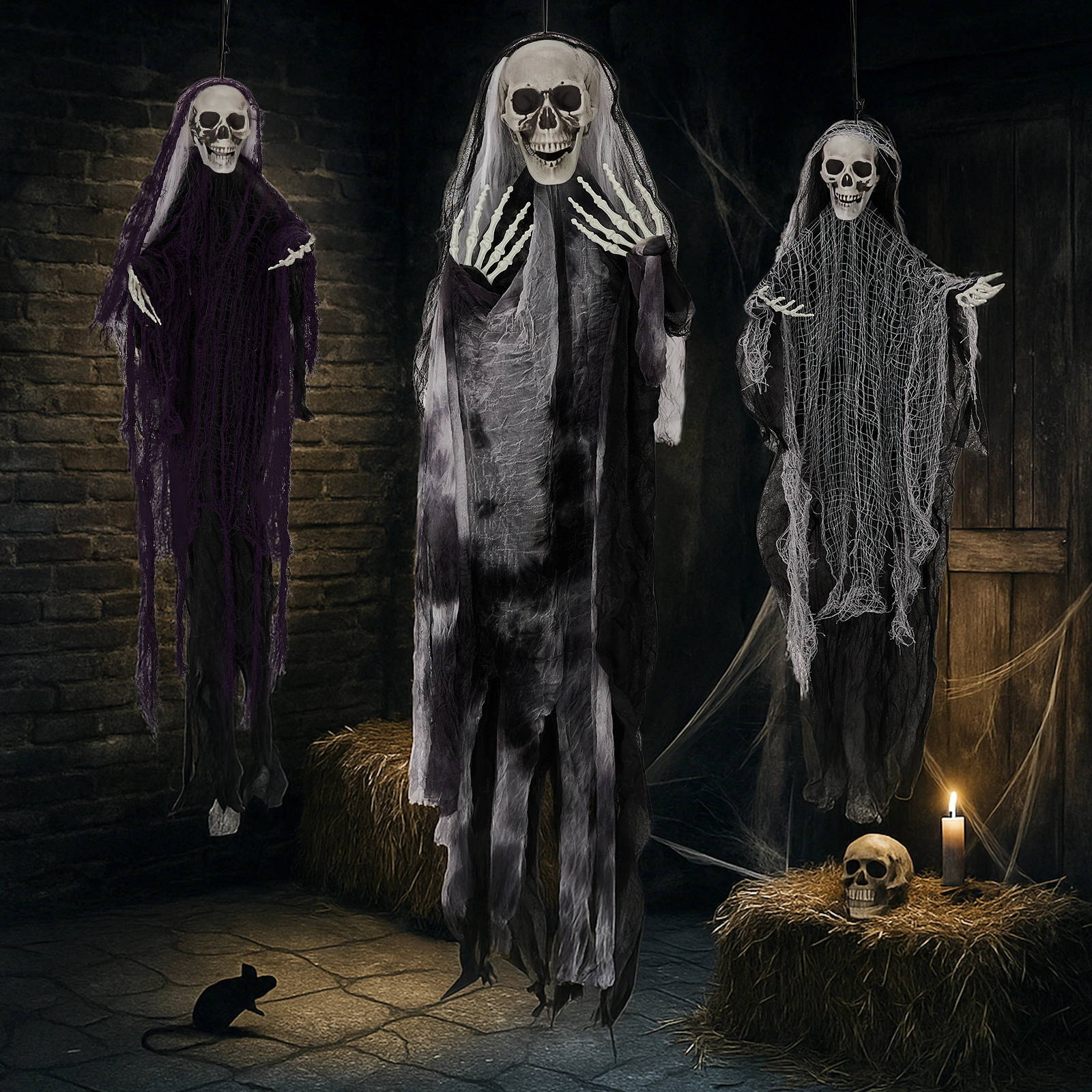 3 Pack Hanging Halloween Skeleton Ghosts Decorations, Grim Reapers for Best Halloween Outdoor Decorations view 10
