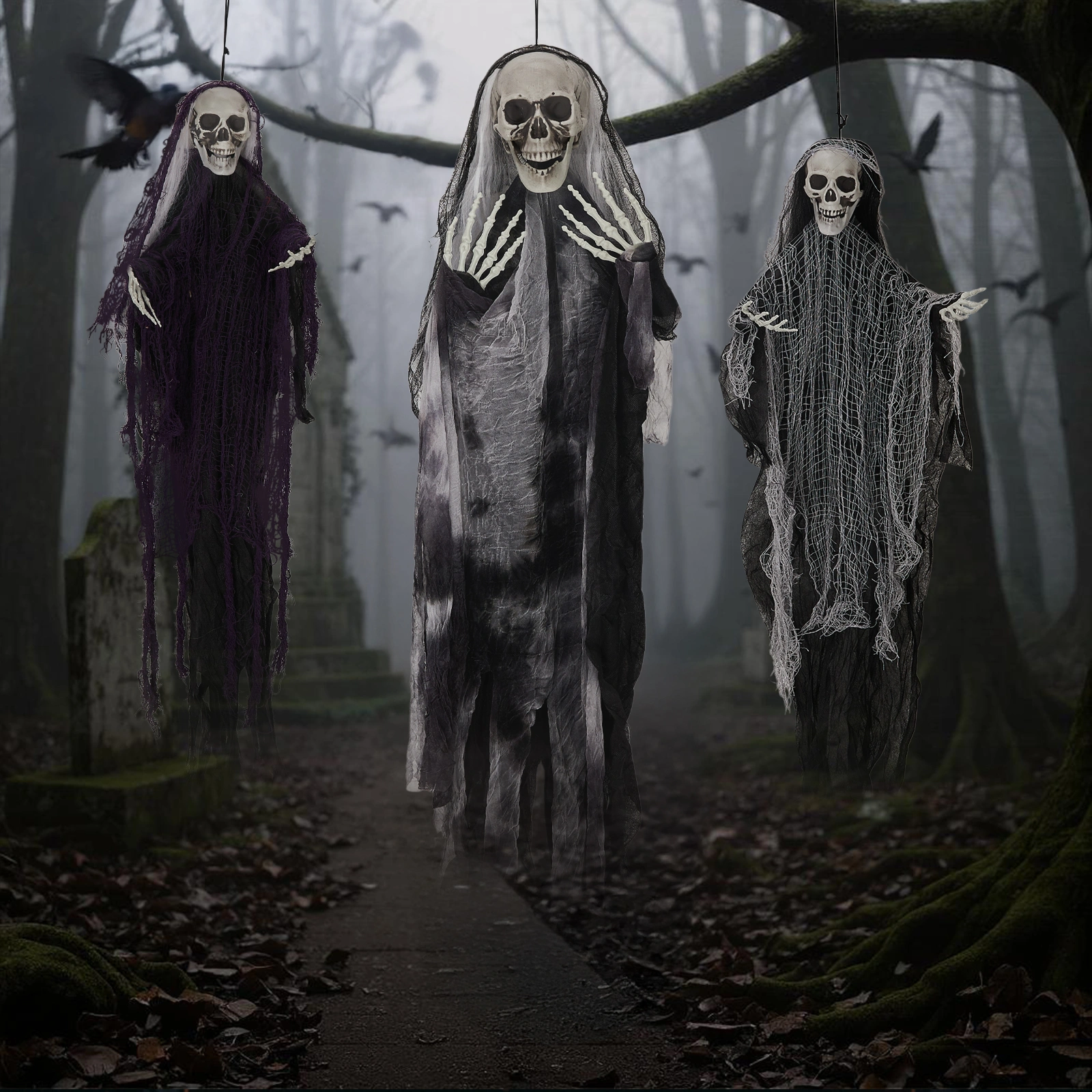 3 Pack Hanging Halloween Skeleton Ghosts Decorations, Grim Reapers for Best Halloween Outdoor Decorations view 8