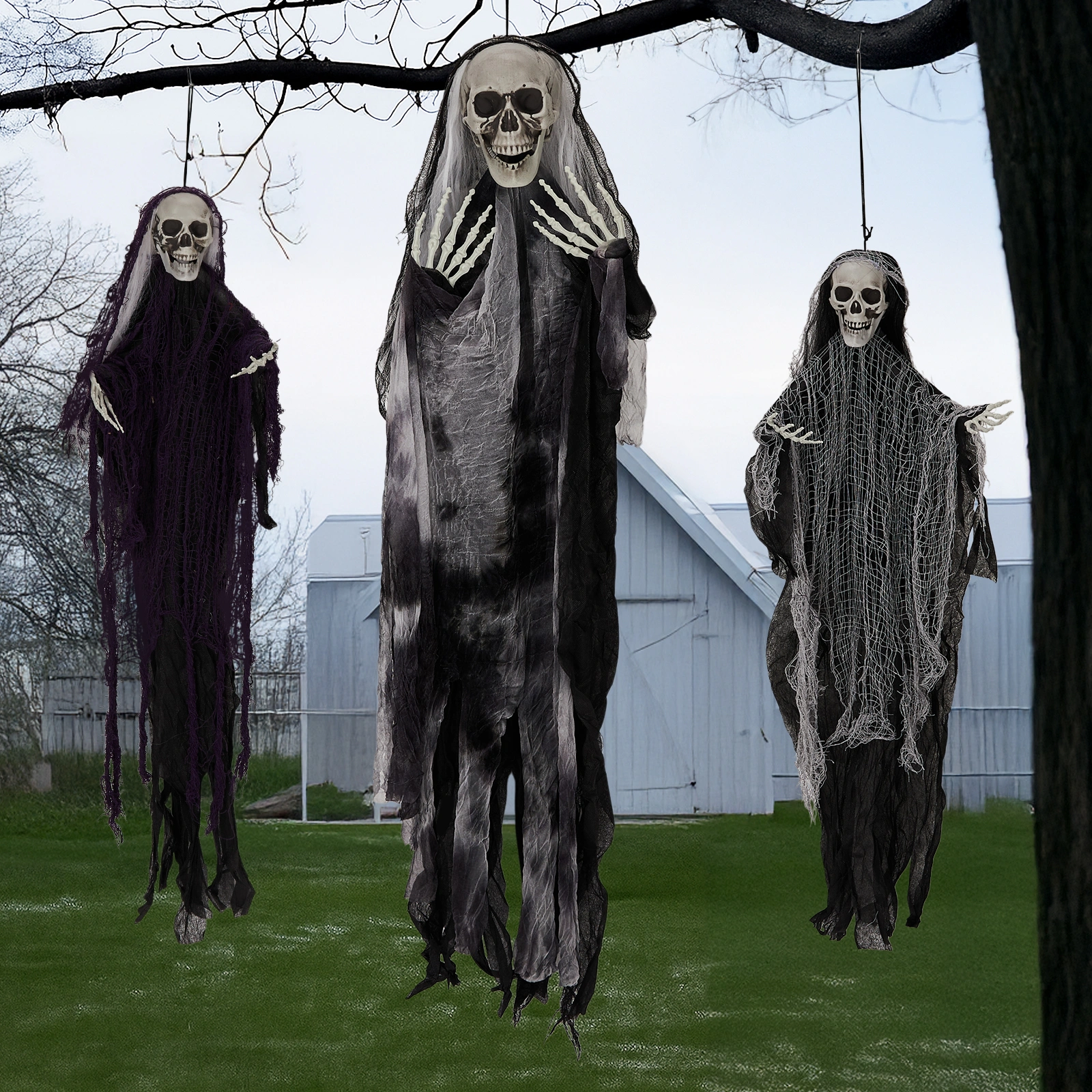 3 Pack Hanging Halloween Skeleton Ghosts Decorations, Grim Reapers for Best Halloween Outdoor Decorations view 9