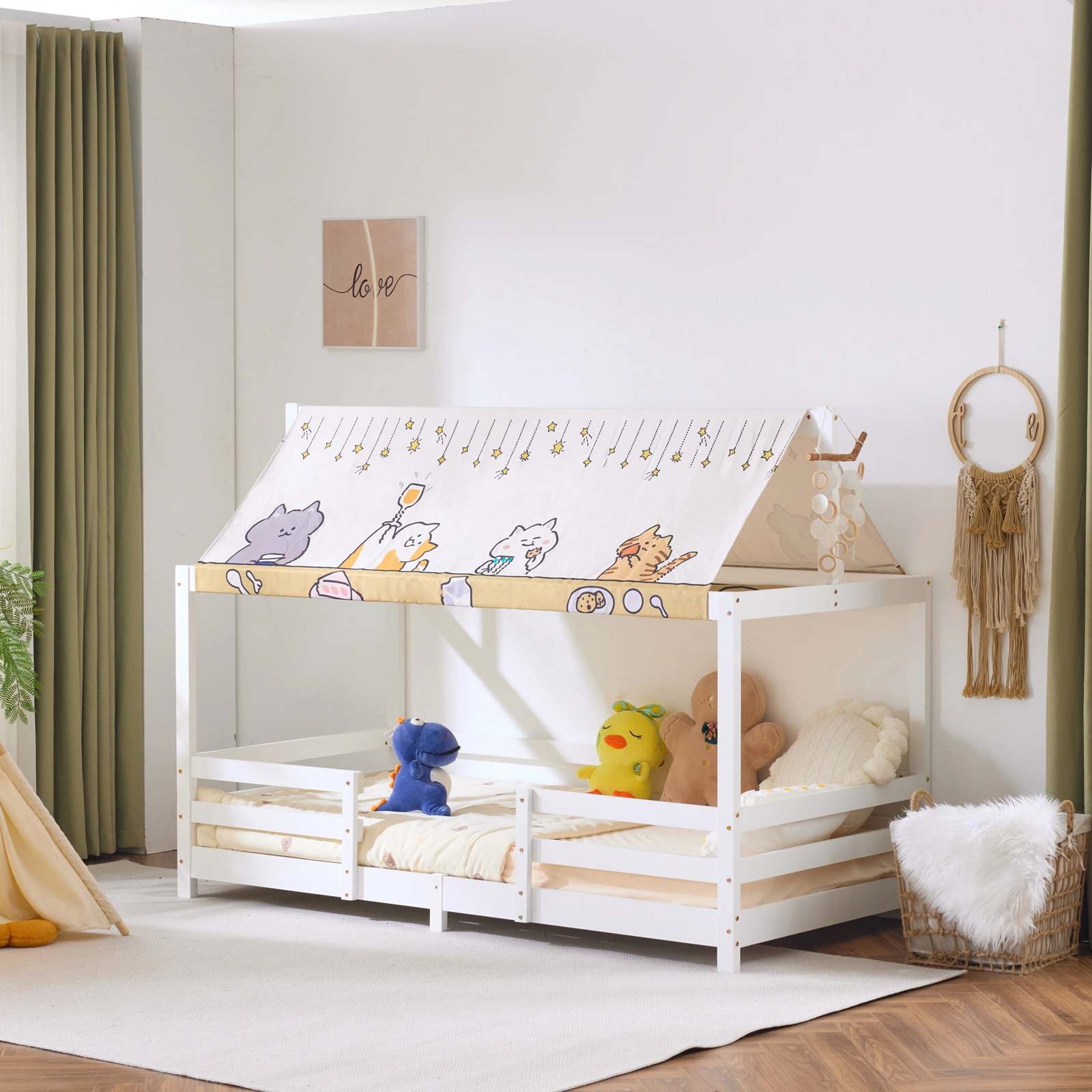 White Painted Pine Wood Kids Bed Frame w/ Fabric Canopy, Children's Wooden Bed, 205x95x141cm view 3