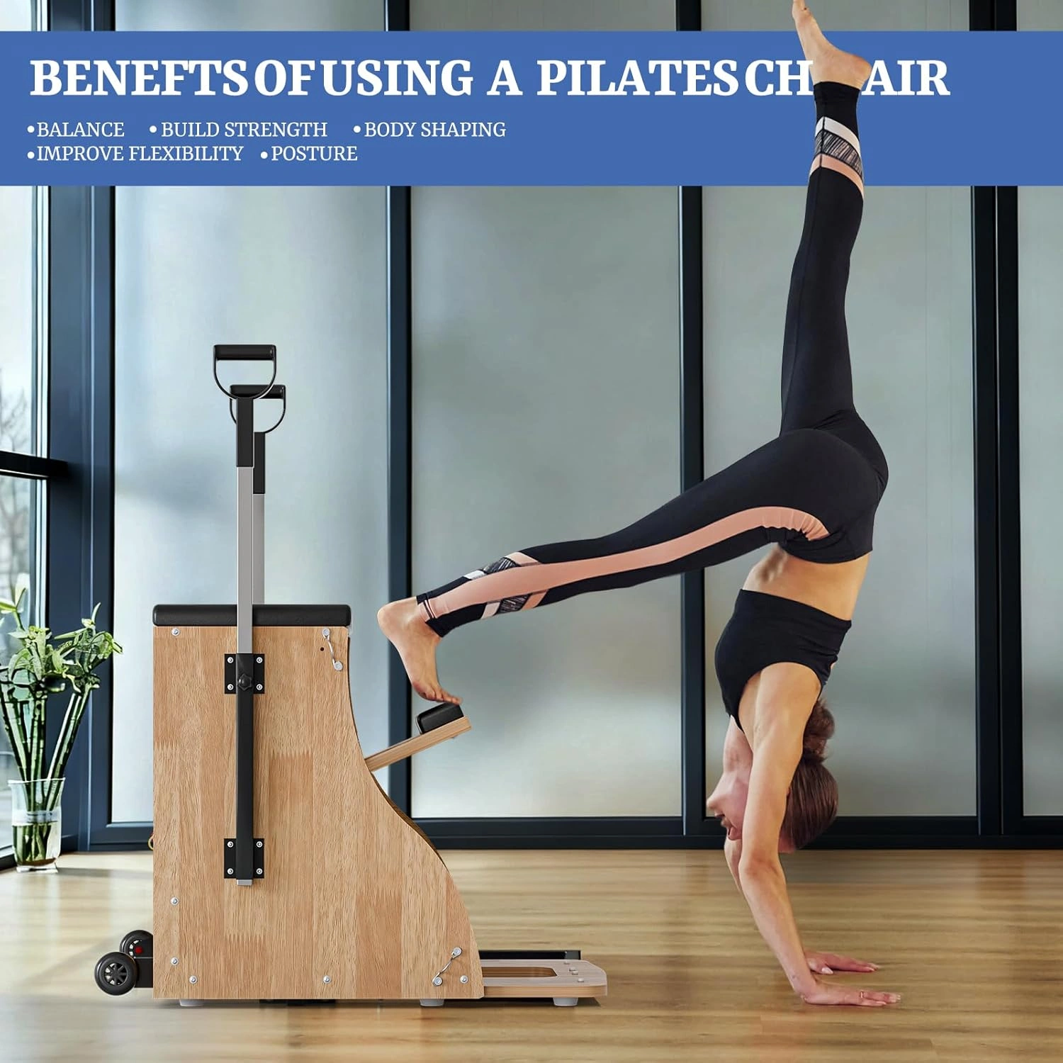 Pilates Chair Wunda Chair Pilates Combo Chair with Handles Split Pedals Reformer Machine for Yoga Core Training Rehabilitation Includes Non-Slip Socks (Wood Panel Bracket) view 3