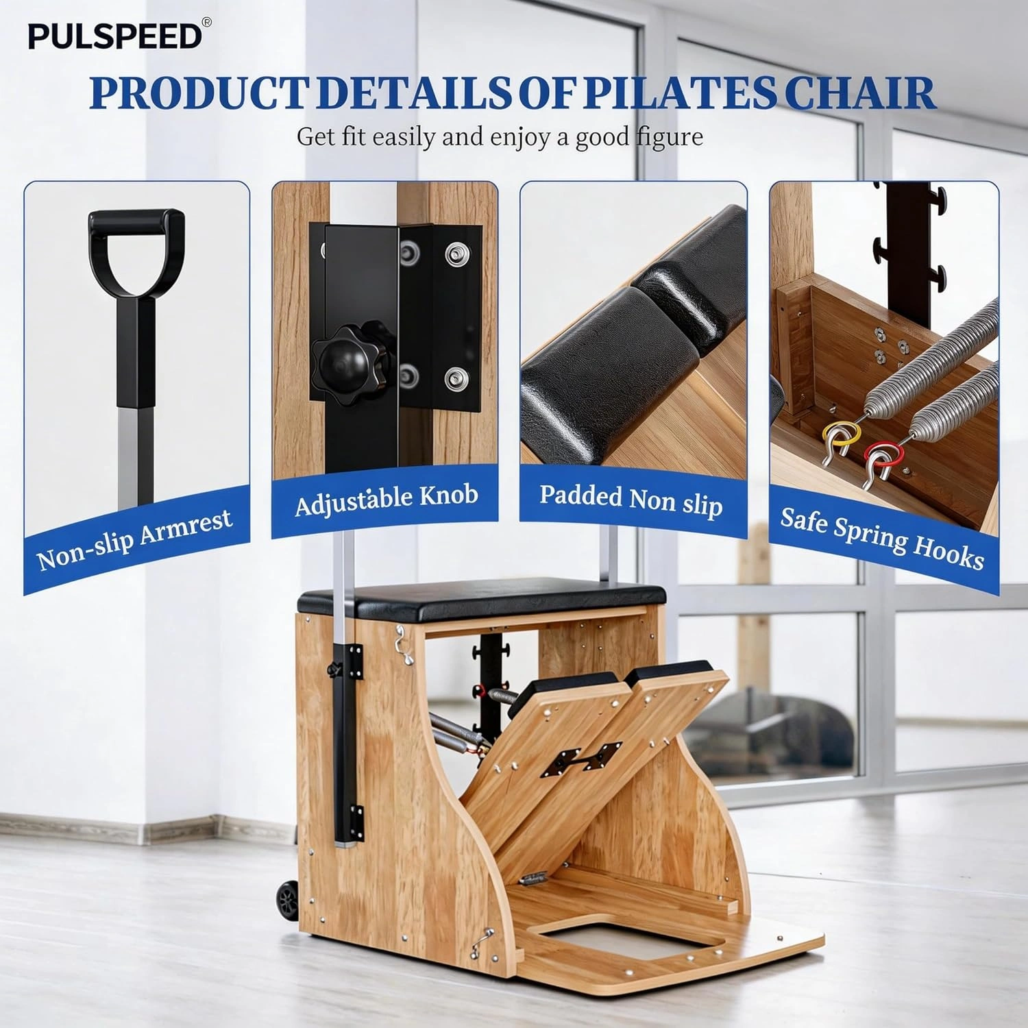 Pilates Chair Wunda Chair Pilates Combo Chair with Handles Split Pedals Reformer Machine for Yoga Core Training Rehabilitation Includes Non-Slip Socks (Wood Panel Bracket) view 7