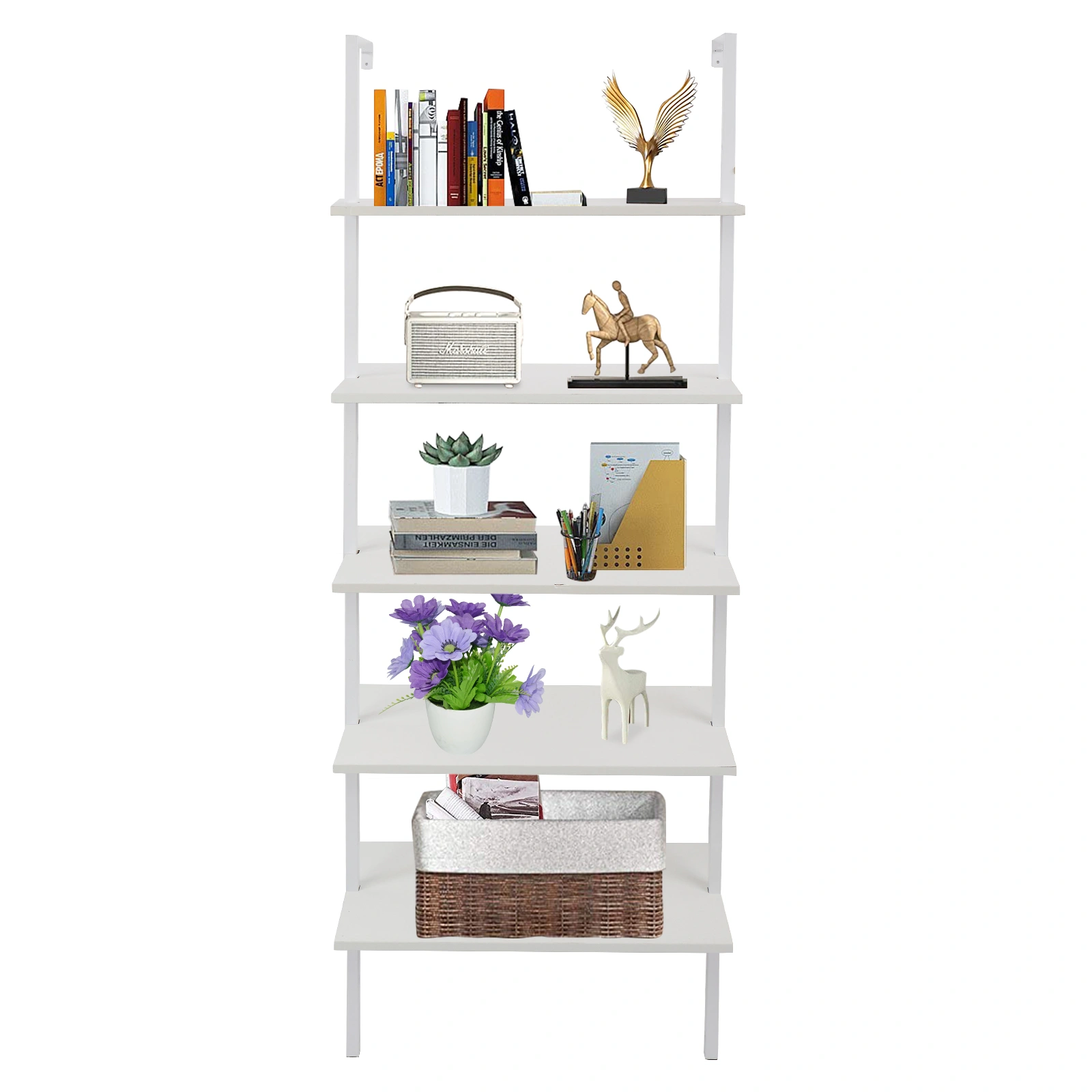 5-Shelf Wood Ladder Bookcase with Metal Frame, Industrial 5-Tier Modern Ladder Shelf Wood Shelves,White view 10