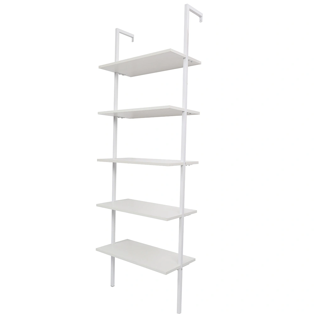 5-Shelf Wood Ladder Bookcase with Metal Frame, Industrial 5-Tier Modern Ladder Shelf Wood Shelves,White view 3