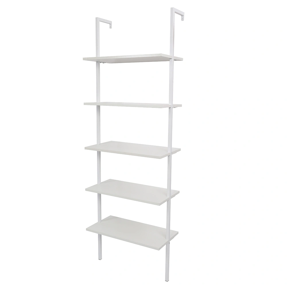 5-Shelf Wood Ladder Bookcase with Metal Frame, Industrial 5-Tier Modern Ladder Shelf Wood Shelves,White view 4
