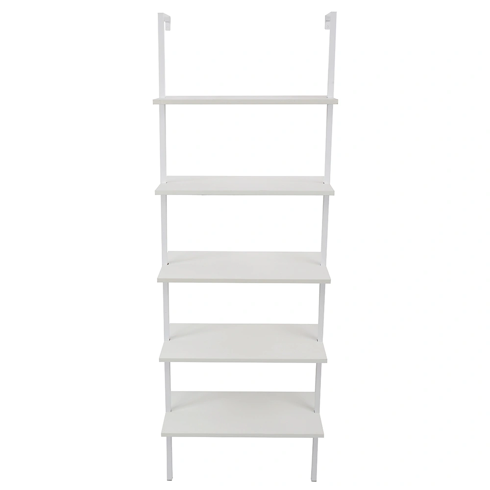 5-Shelf Wood Ladder Bookcase with Metal Frame, Industrial 5-Tier Modern Ladder Shelf Wood Shelves,White view 5