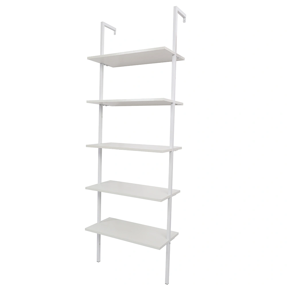 5-Shelf Wood Ladder Bookcase with Metal Frame, Industrial 5-Tier Modern Ladder Shelf Wood Shelves,White view 7