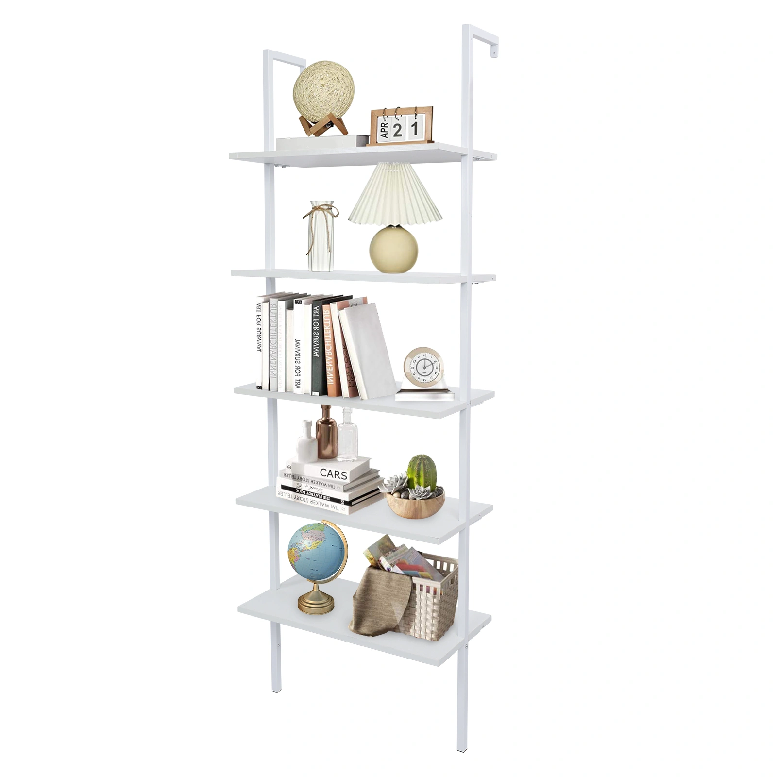 5-Shelf Wood Ladder Bookcase with Metal Frame, Industrial 5-Tier Modern Ladder Shelf Wood Shelves,White view 9