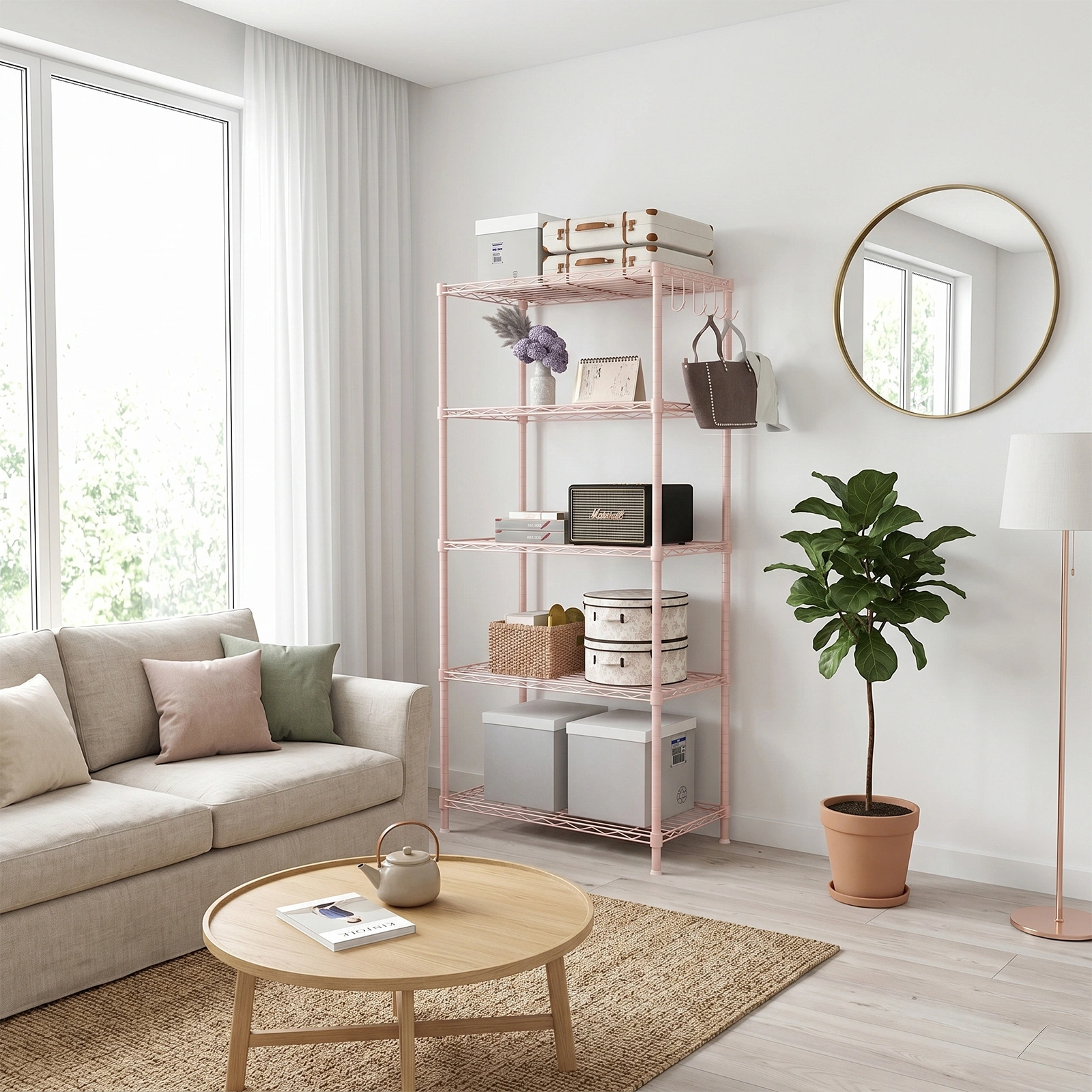 5-layer adjustable shelf with adjustable spacing, pin-type deformable structure, adjustable feet, display rack, iron, 54*29*150cm, powder coated with high-gloss powder view 9
