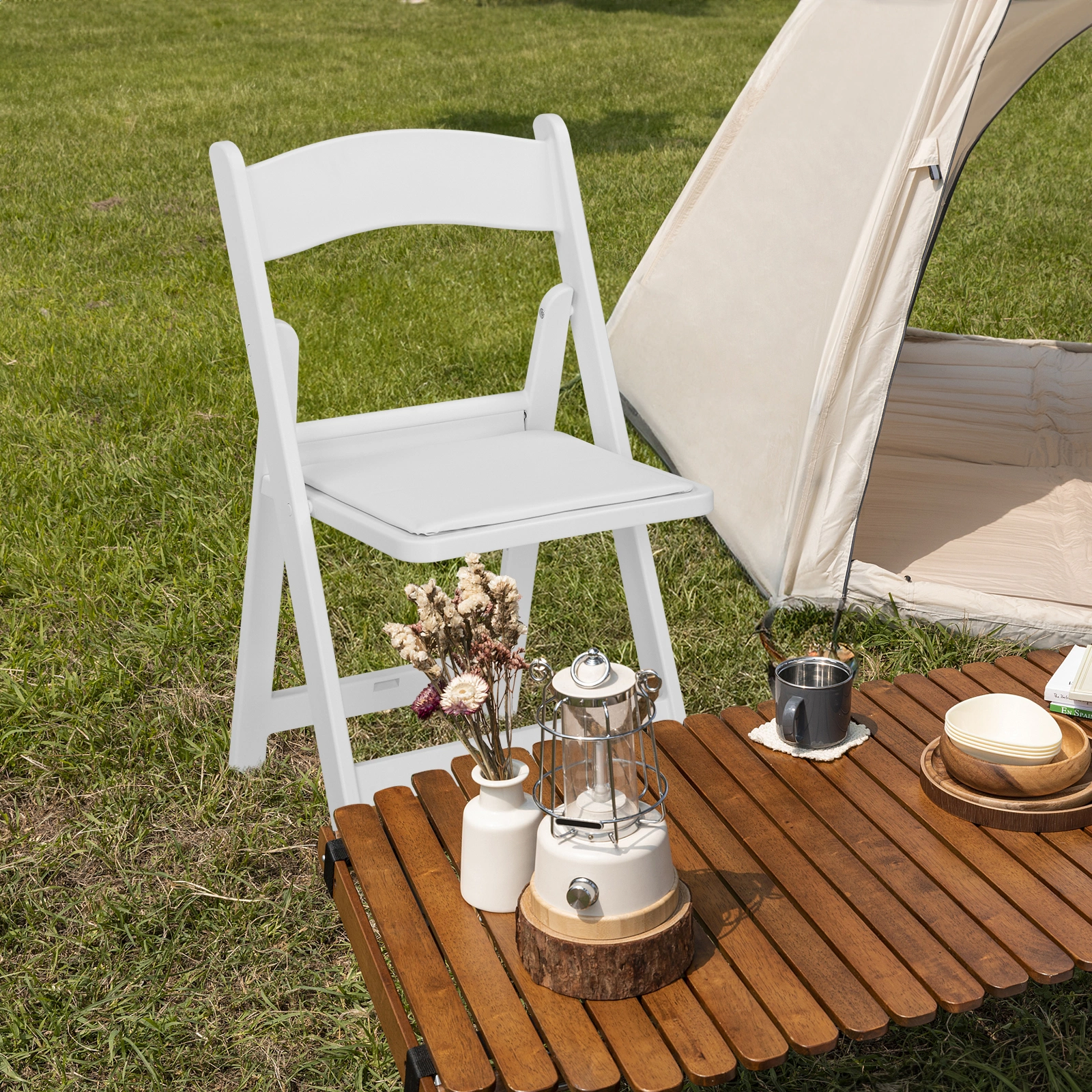 4 Pack Folding Chairs, Resin Chairs with Padded Seat, Comfortable Event Chairs Indoor Outdoor for Home Event Party Picnic School Wedding, White view 17