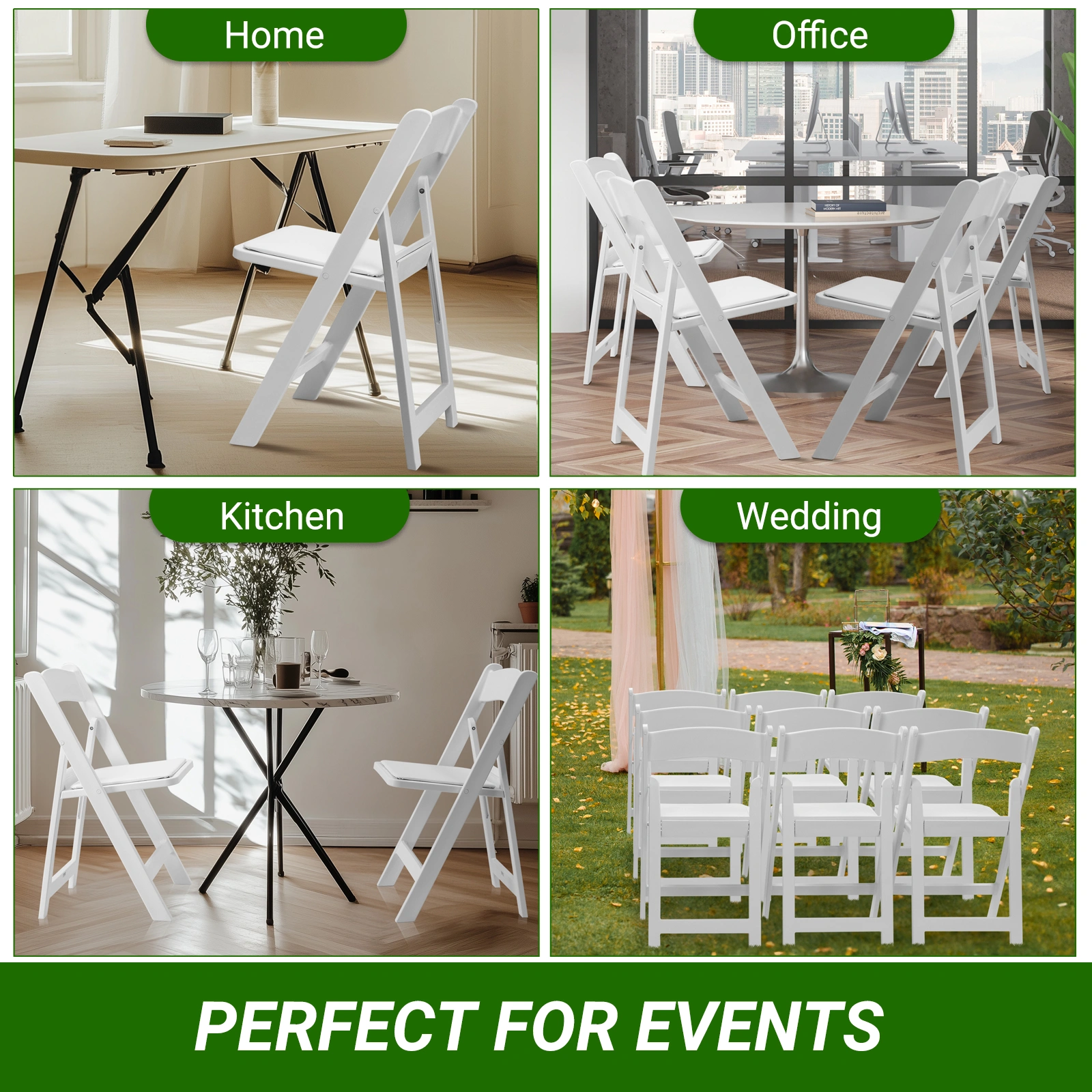 4 Pack Folding Chairs, Resin Chairs with Padded Seat, Comfortable Event Chairs Indoor Outdoor for Home Event Party Picnic School Wedding, White view 22