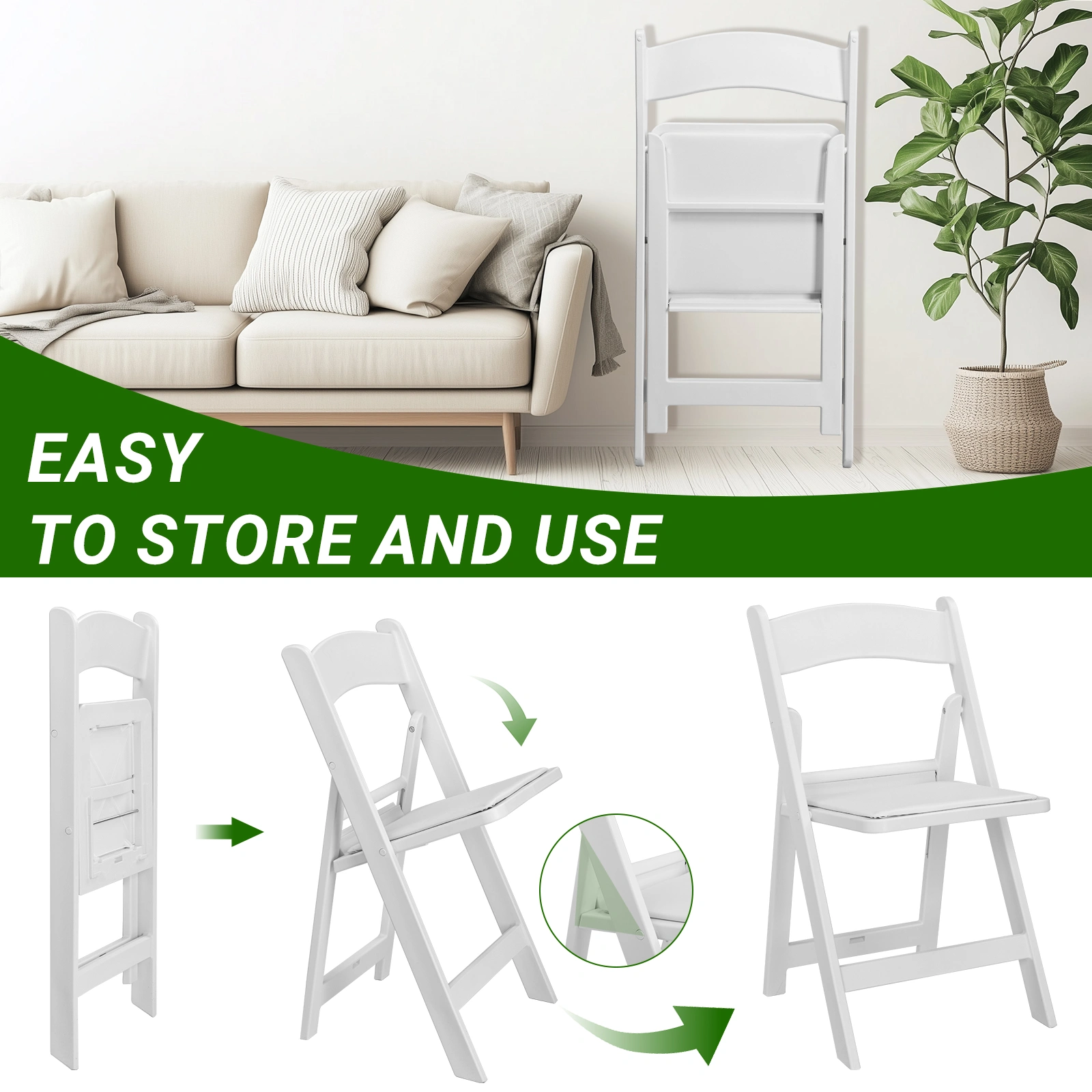 4 Pack Folding Chairs, Resin Chairs with Padded Seat, Comfortable Event Chairs Indoor Outdoor for Home Event Party Picnic School Wedding, White view 23