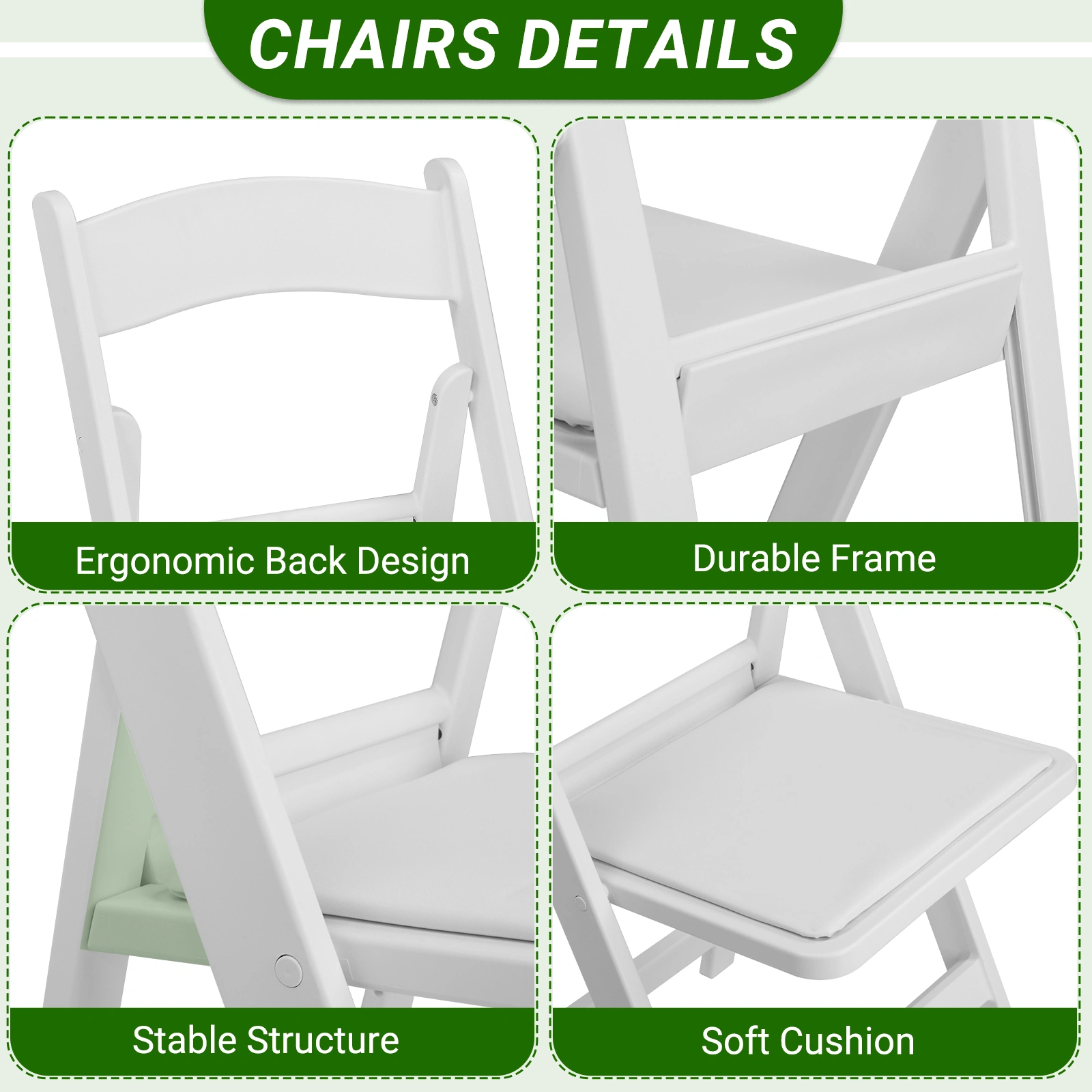 4 Pack Folding Chairs, Resin Chairs with Padded Seat, Comfortable Event Chairs Indoor Outdoor for Home Event Party Picnic School Wedding, White view 24