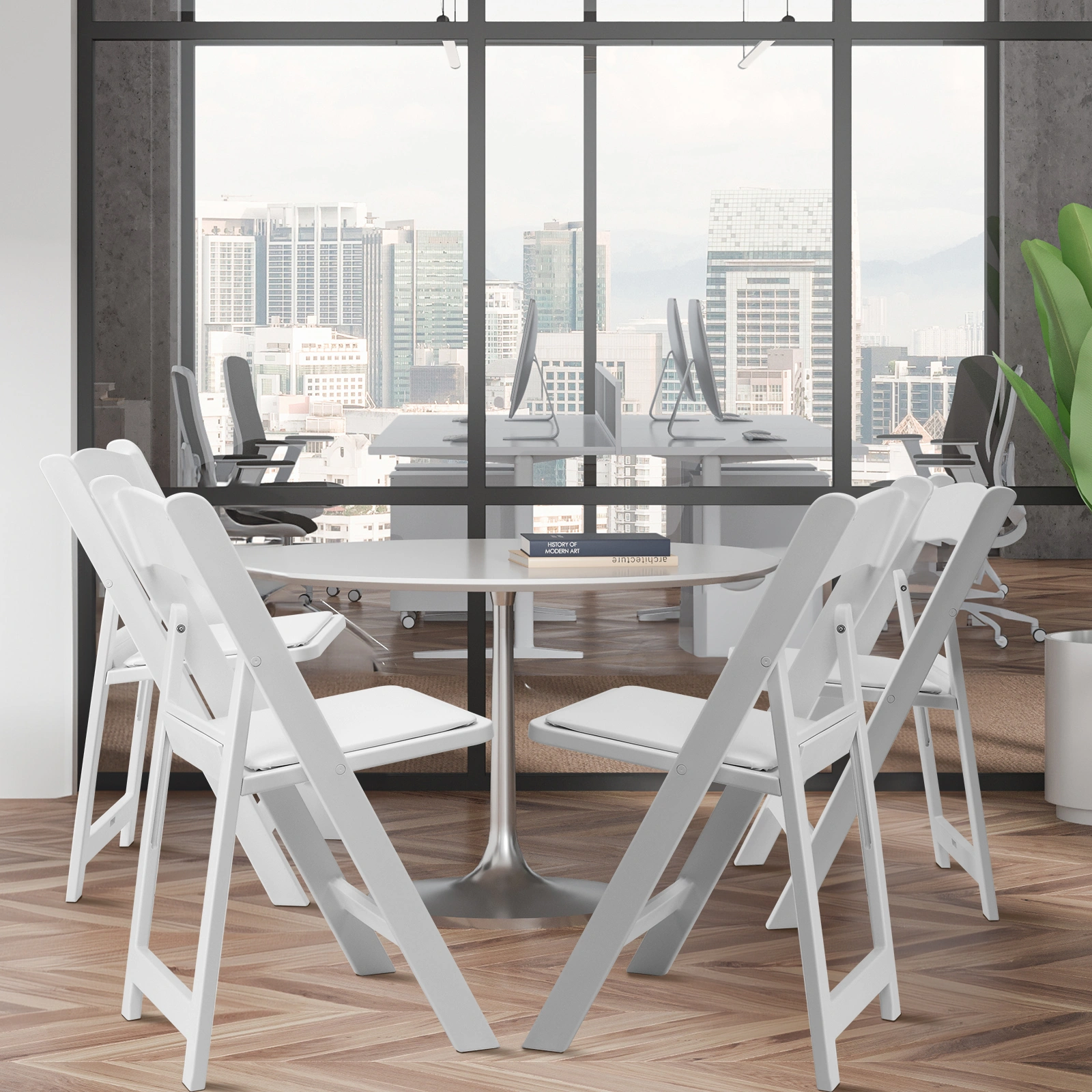 4 Pack Folding Chairs, Resin Chairs with Padded Seat, Comfortable Event Chairs Indoor Outdoor for Home Event Party Picnic School Wedding, White view 8