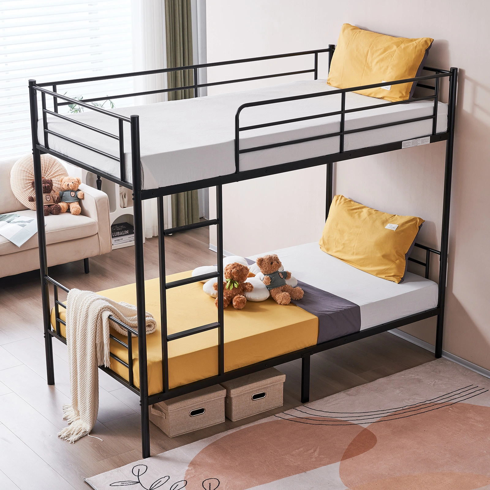 Iron Bed Bunk Bed with Ladder for Kids Twin Size Black view 30