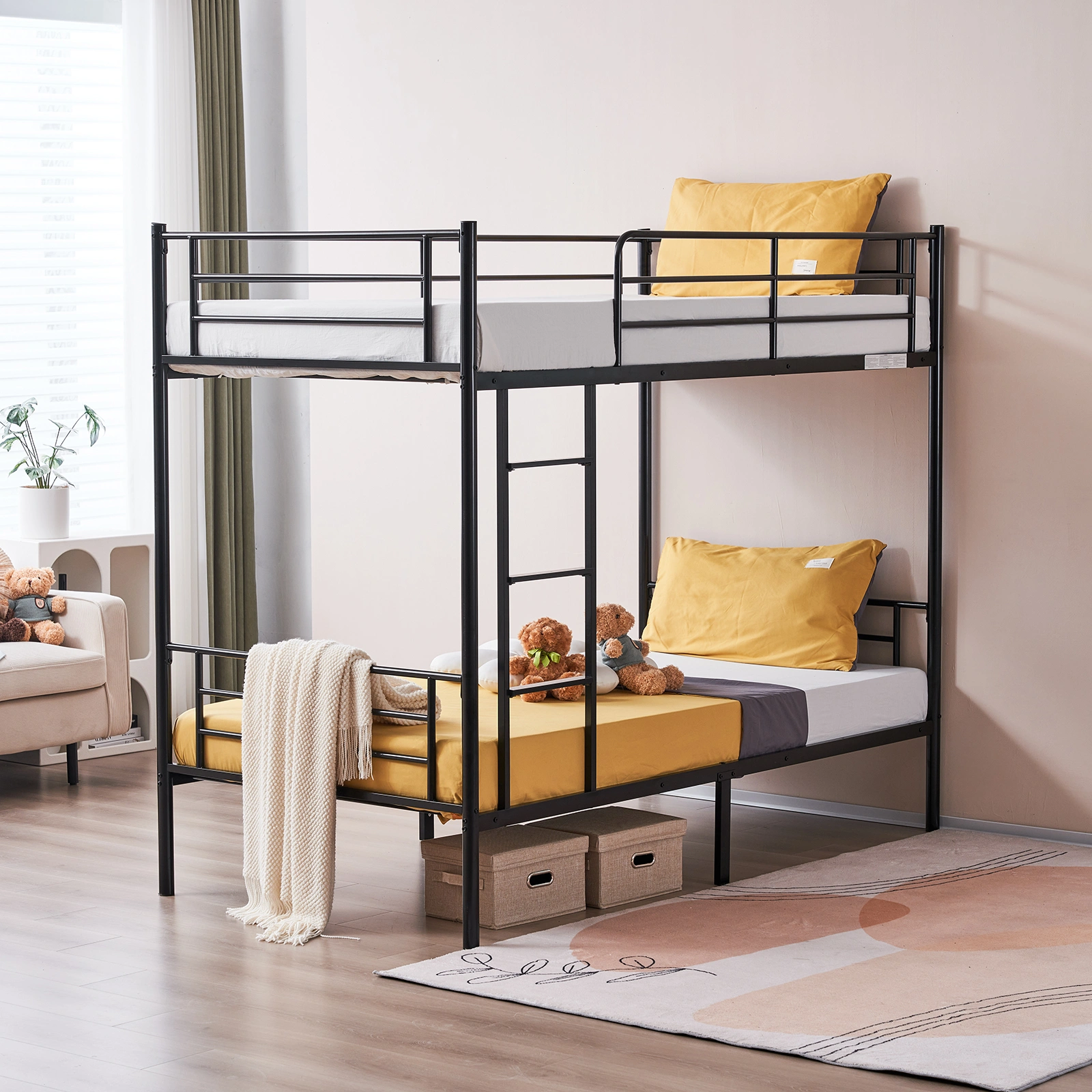 Iron Bed Bunk Bed with Ladder for Kids Twin Size Black view 45