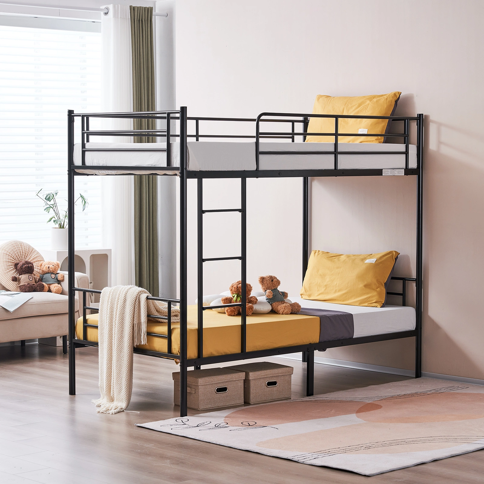 Iron Bed Bunk Bed with Ladder for Kids Twin Size Black view 46