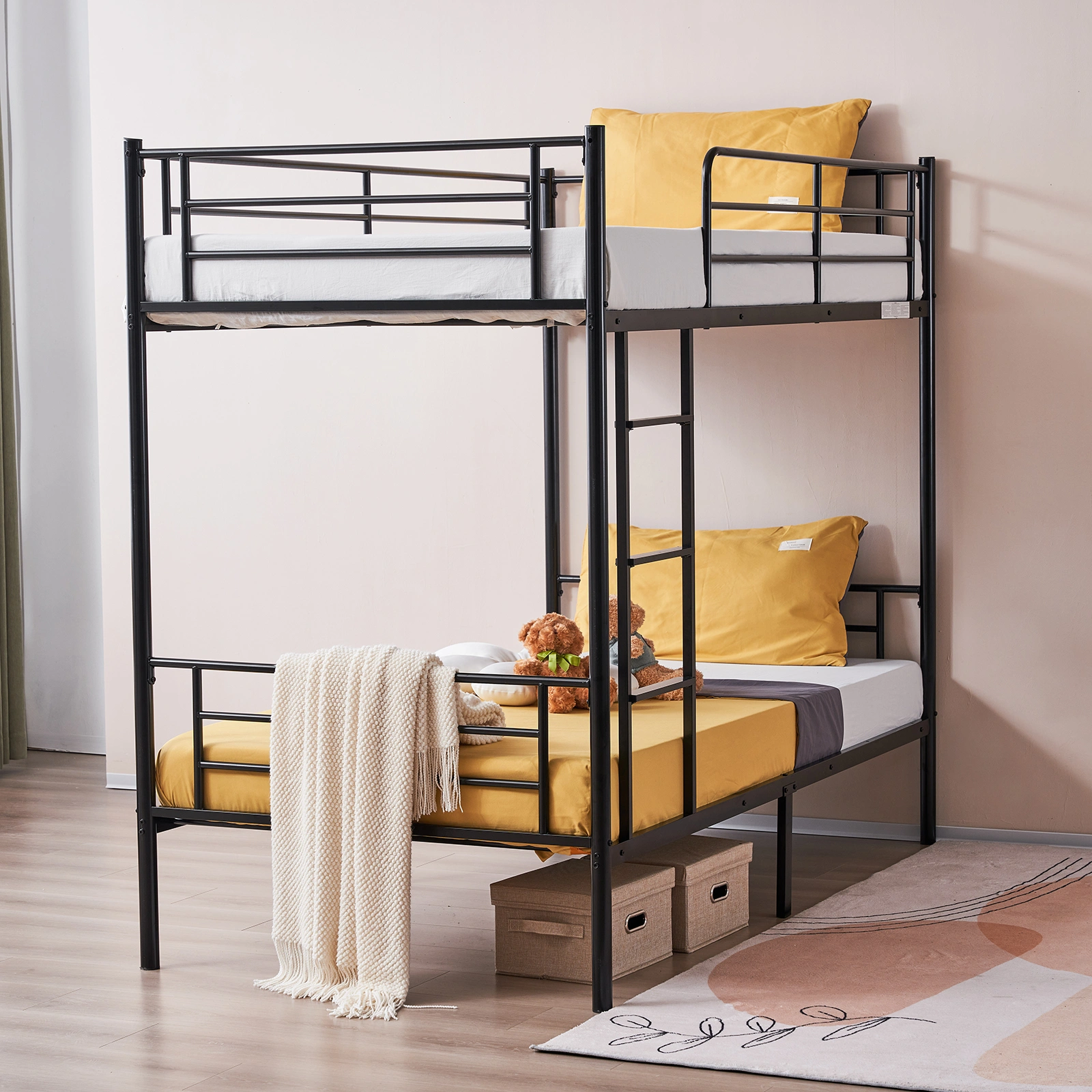 Iron Bed Bunk Bed with Ladder for Kids Twin Size Black view 47