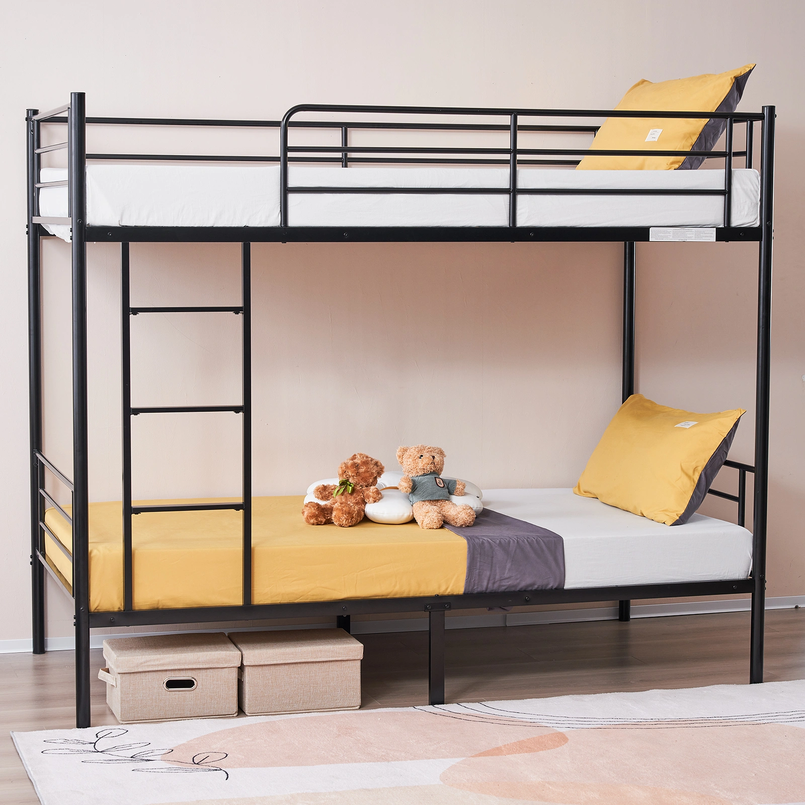 Iron Bed Bunk Bed with Ladder for Kids Twin Size Black view 48