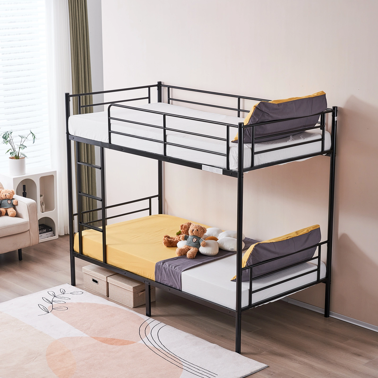 Iron Bed Bunk Bed with Ladder for Kids Twin Size Black view 49
