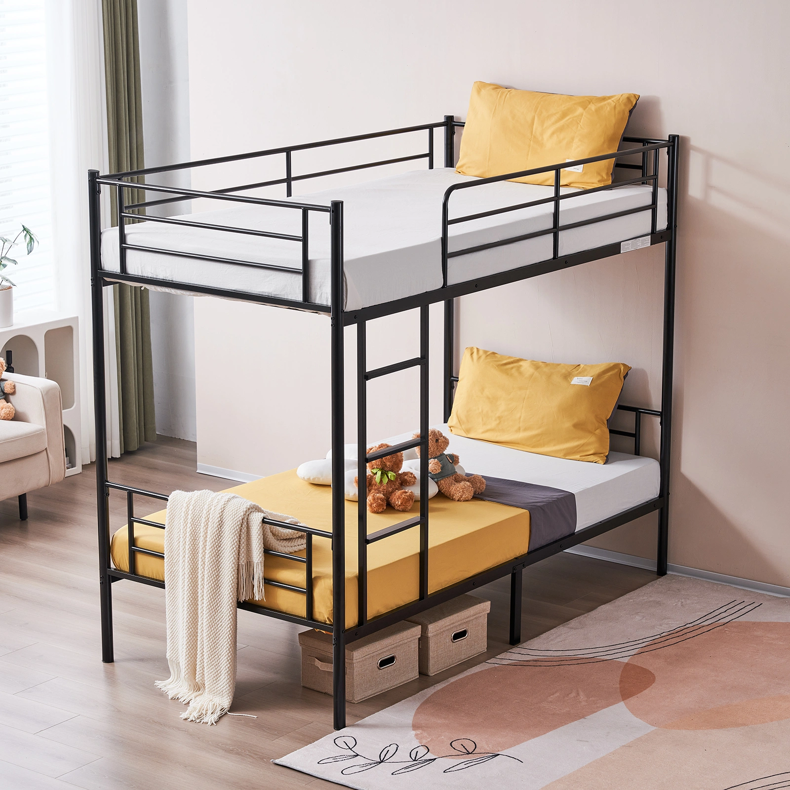 Iron Bed Bunk Bed with Ladder for Kids Twin Size Black view 50