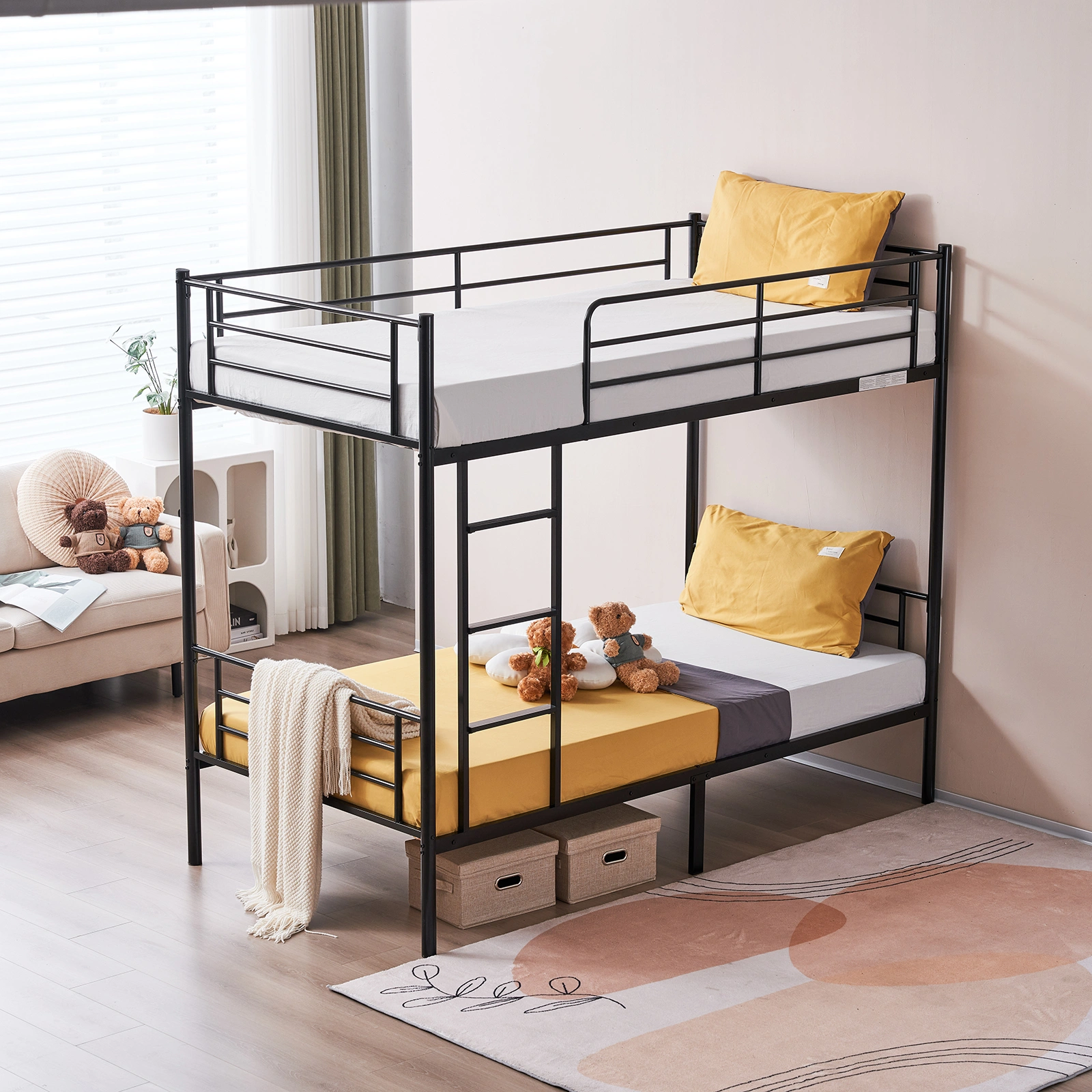 Iron Bed Bunk Bed with Ladder for Kids Twin Size Black view 51