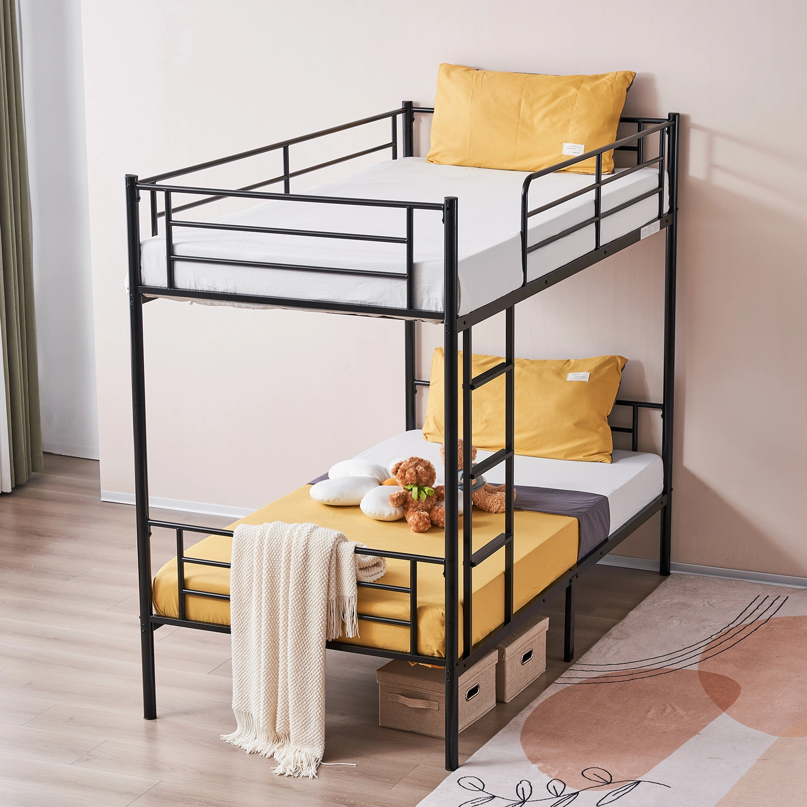 Iron Bed Bunk Bed with Ladder for Kids Twin Size Black view 52