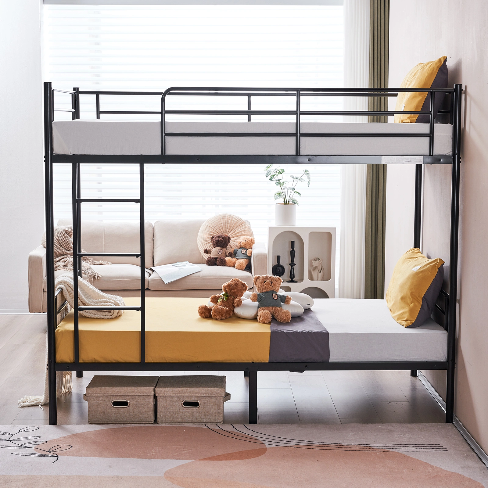 Iron Bed Bunk Bed with Ladder for Kids Twin Size Black view 53