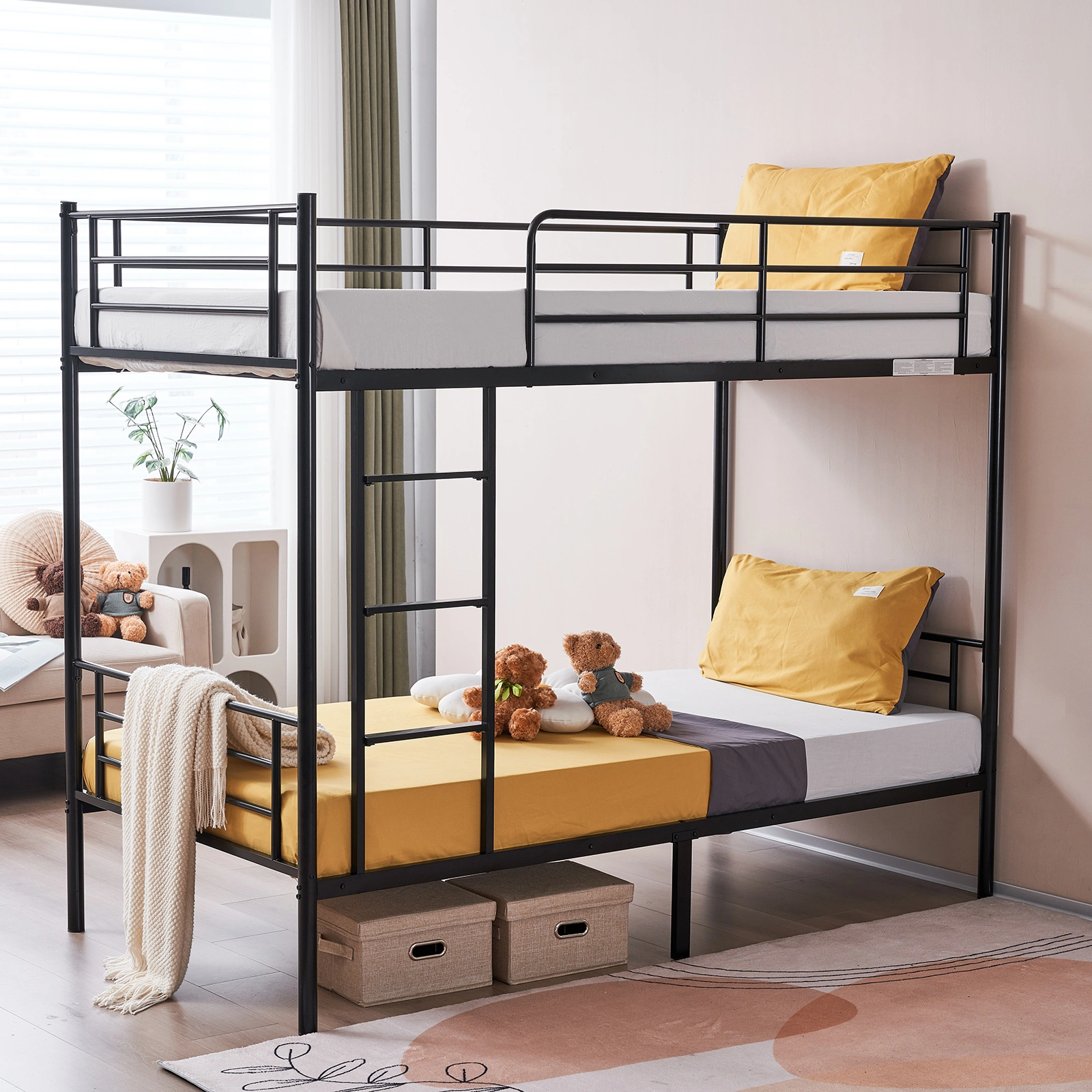 Iron Bed Bunk Bed with Ladder for Kids Twin Size Black view 54