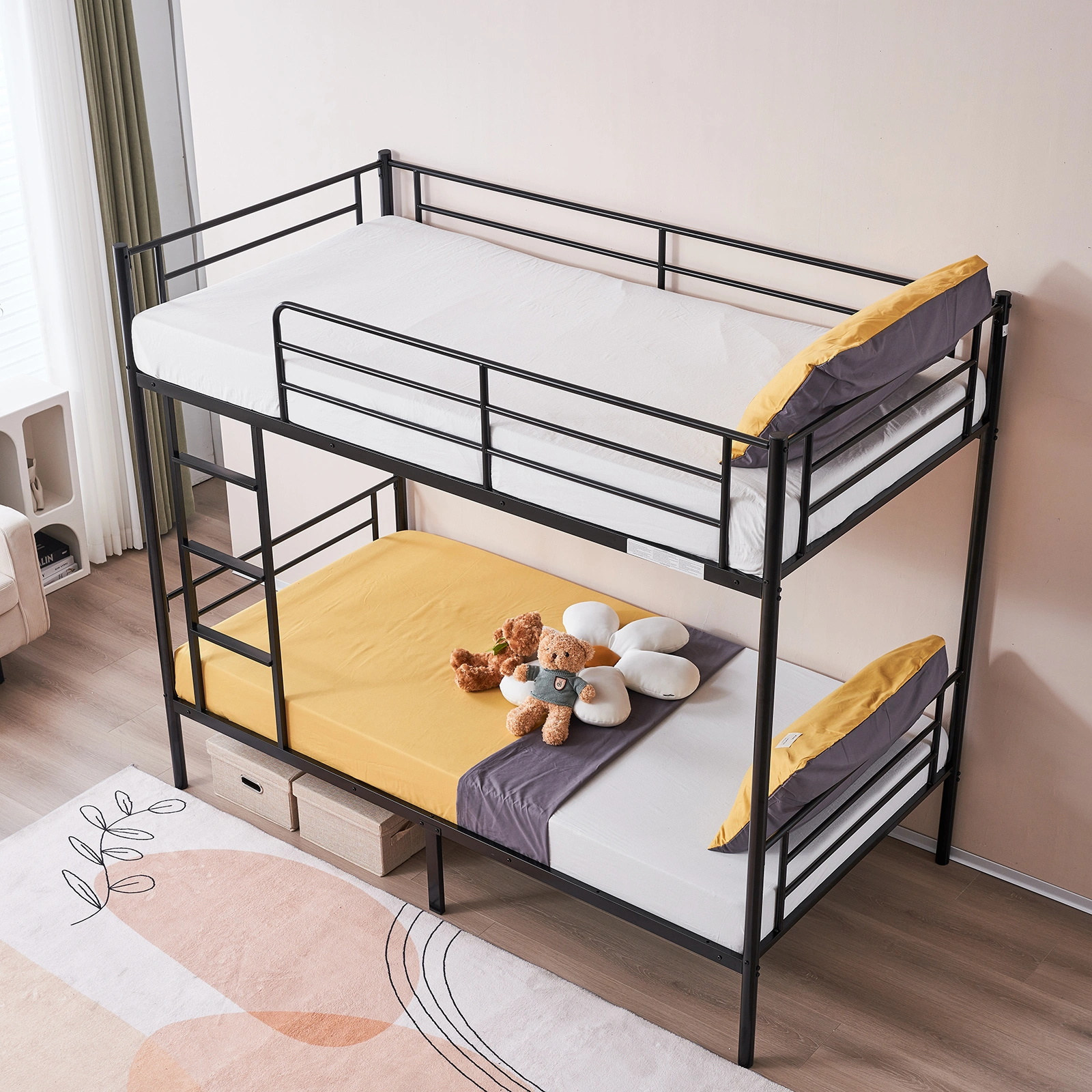 Iron Bed Bunk Bed with Ladder for Kids Twin Size Black view 55