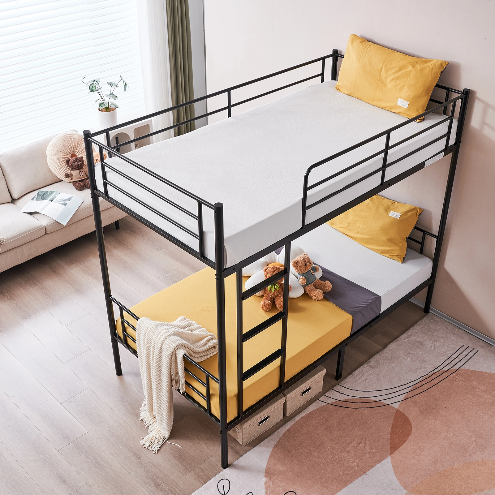 Iron Bed Bunk Bed with Ladder for Kids Twin Size Black view 56