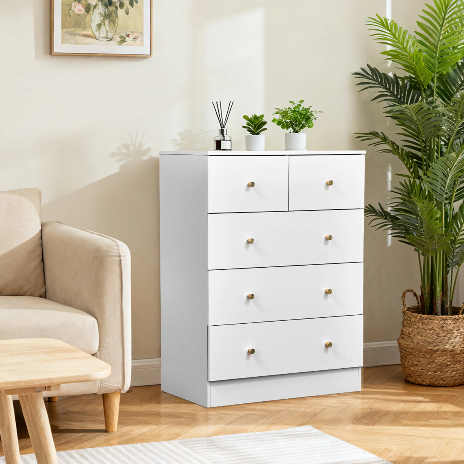 25.98"*15.75"*35.83"(L*W*H) 4-Tier 5-Drawer Cabinet Drawer Dresser with Gold Handles White view 10
