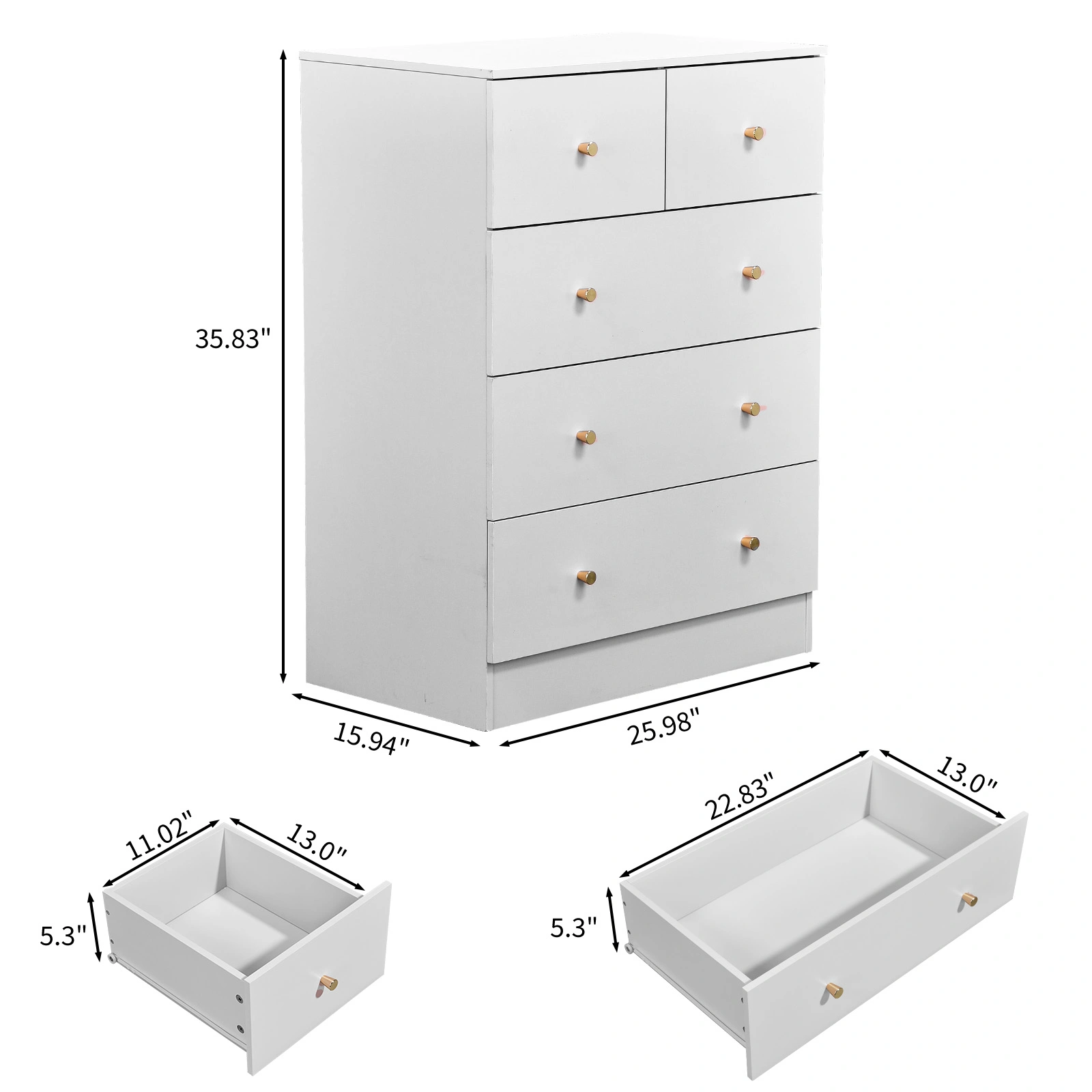 25.98"*15.75"*35.83"(L*W*H) 4-Tier 5-Drawer Cabinet Drawer Dresser with Gold Handles White view 5