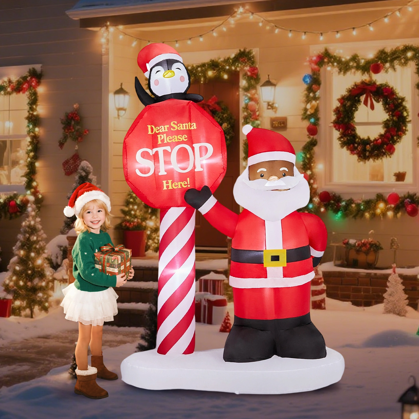 8.2FT Lighted Christmas Inflatable Black Santa with Road Sign, LED Blow Up Yard Decor for Holiday Party Front Lawn Garden view 7