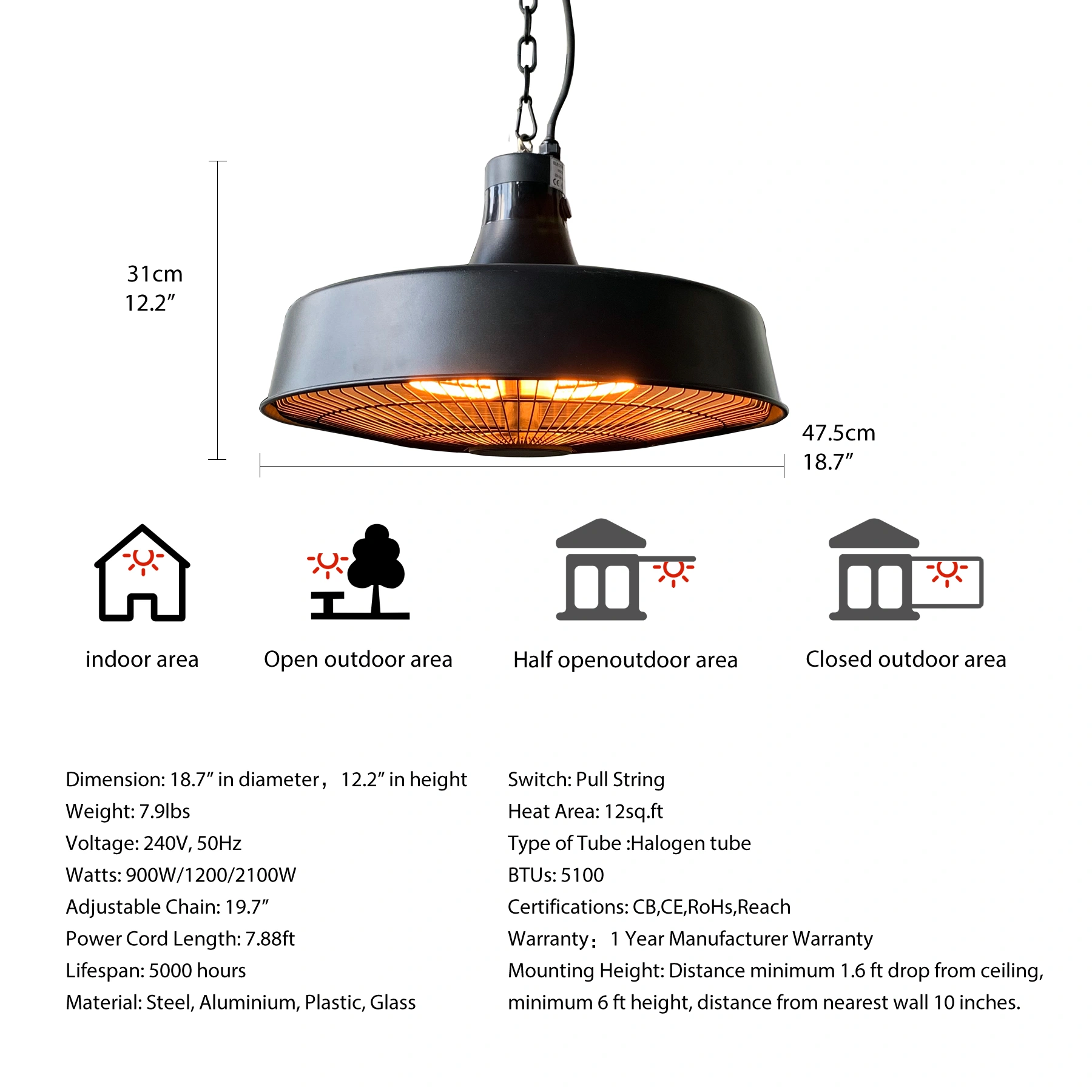 Electric Outdoor Ceiling Patio Heater, 900/1200/2100W Dimmable with Remote & Touch Switch, LED Light, Black ZHQ2070-C-N for BBQ, Balcony view 3