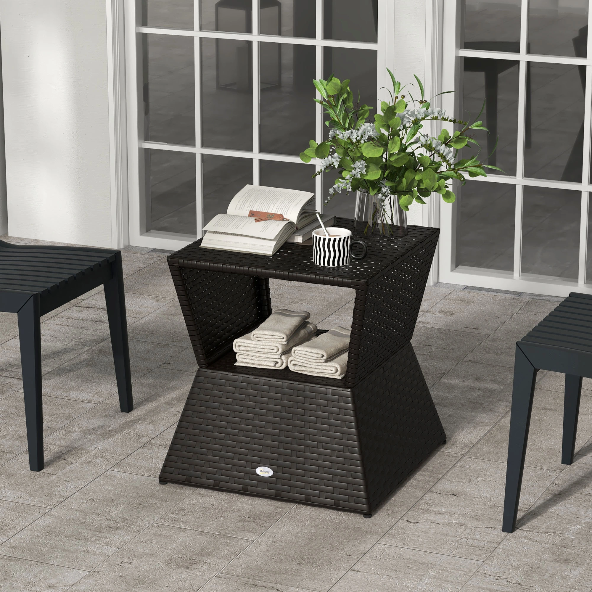 Rattan Coffee Table, Woven Peacock Rattan Side Table with Storage Shelf, Modern Boho Living Room End Table, Natural Brown