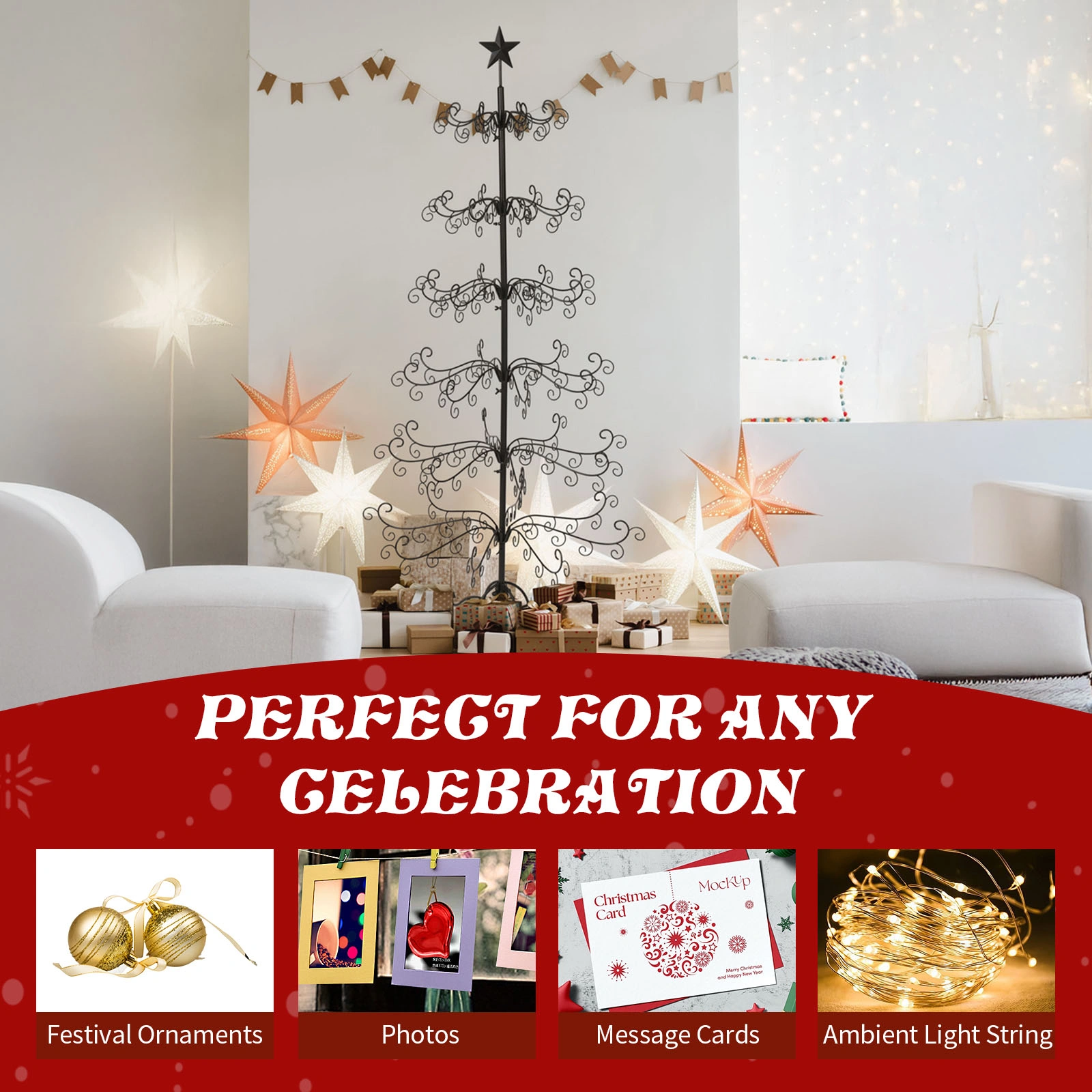 6ft Wrought Iron Christmas Tree, Metal Ornament Display Tree Stand for for Holiday Party Home Decor, Indoor & Outdoor Decor Hanger, Black view 8