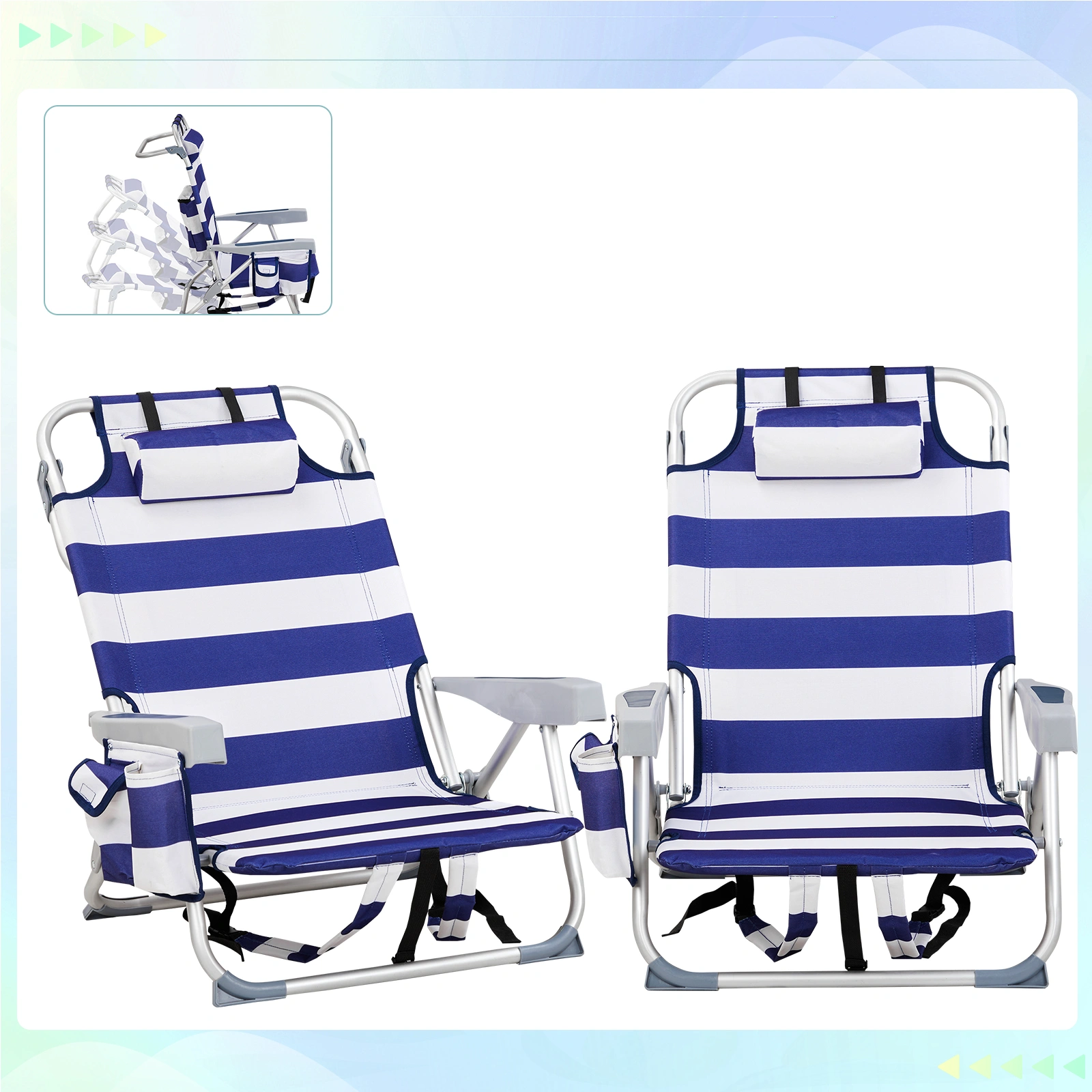63*65*82cm Short Oxford Cloth Silver White Aluminum Tube Bearing 100kg Beach Chair Blue Stripes view 16