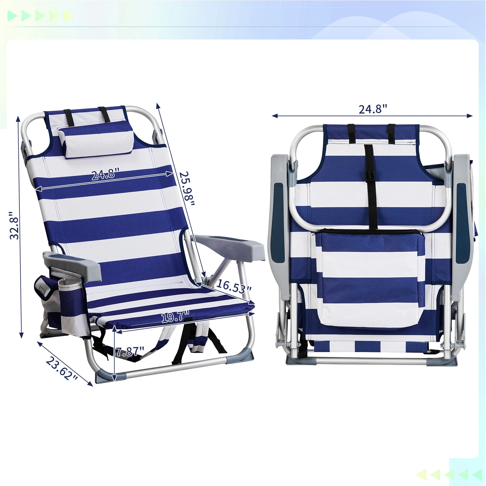 63*65*82cm Short Oxford Cloth Silver White Aluminum Tube Bearing 100kg Beach Chair Blue Stripes view 17