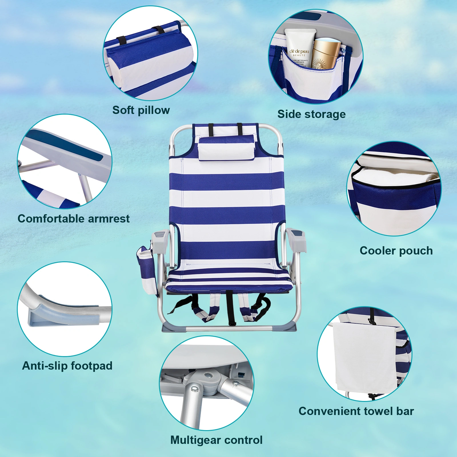 63*65*82cm Short Oxford Cloth Silver White Aluminum Tube Bearing 100kg Beach Chair Blue Stripes view 19