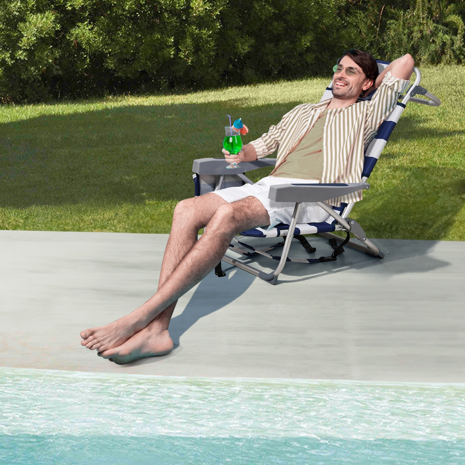 63*65*82cm Short Oxford Cloth Silver White Aluminum Tube Bearing 100kg Beach Chair Blue Stripes view 2