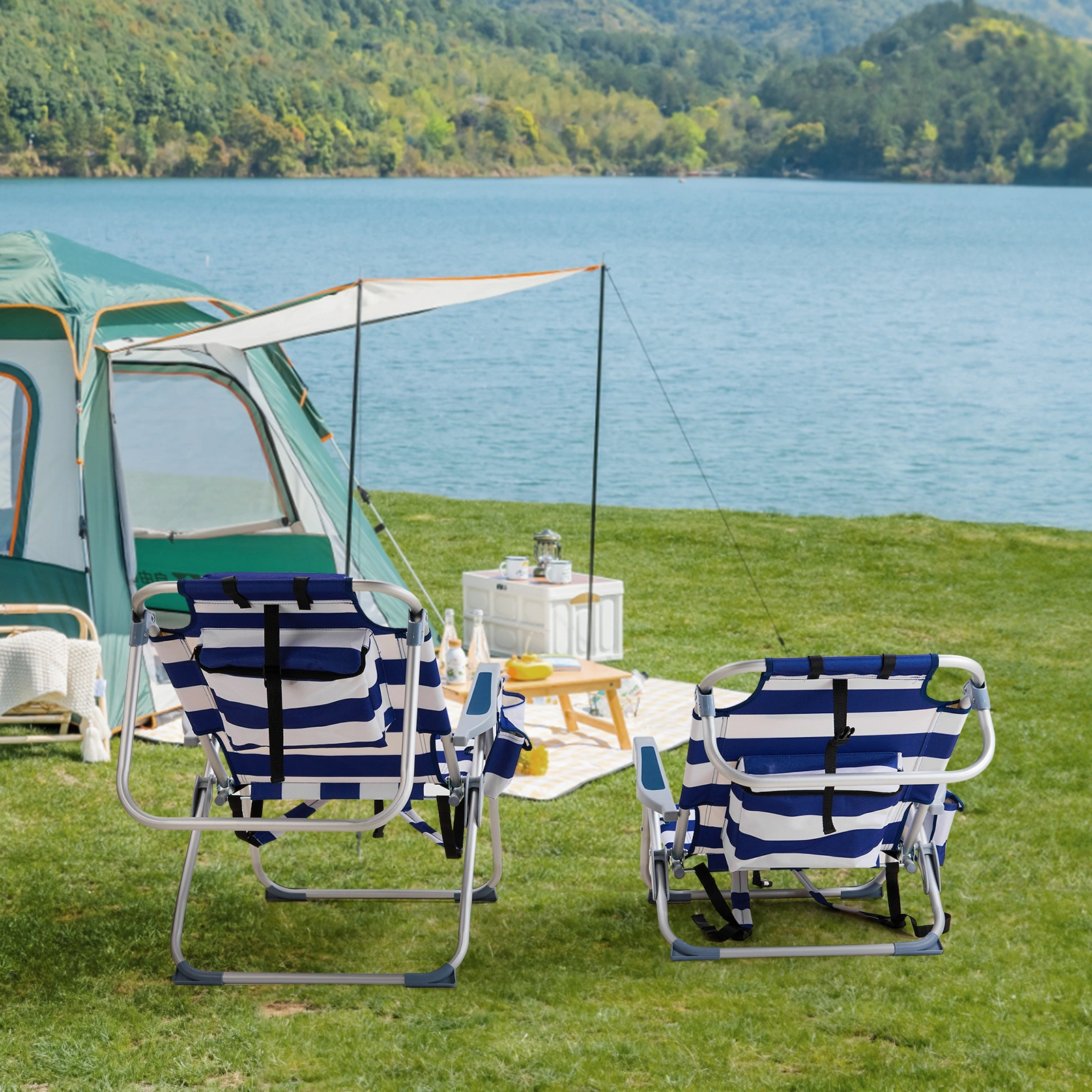 63*65*82cm Short Oxford Cloth Silver White Aluminum Tube Bearing 100kg Beach Chair Blue Stripes view 21