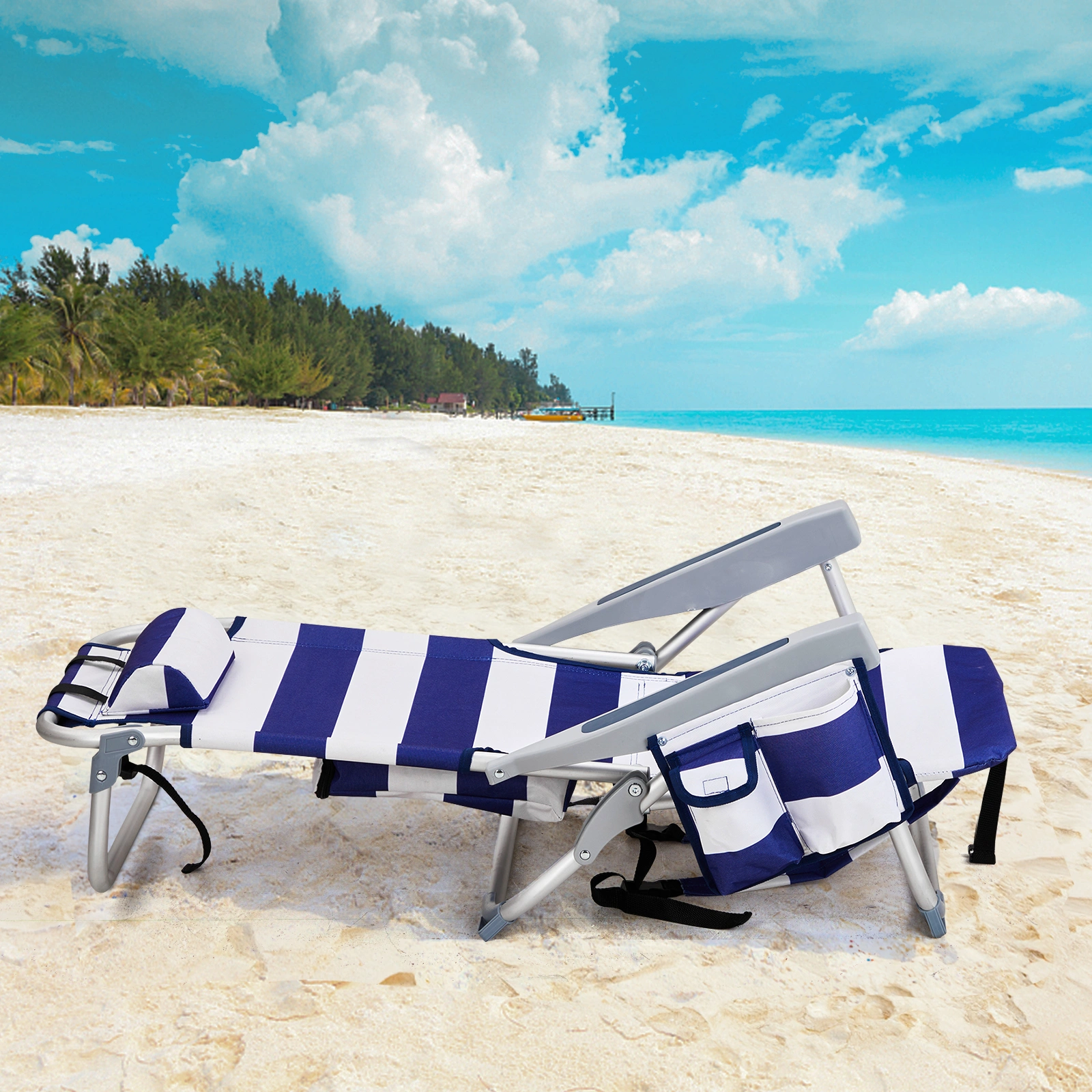 63*65*82cm Short Oxford Cloth Silver White Aluminum Tube Bearing 100kg Beach Chair Blue Stripes view 3