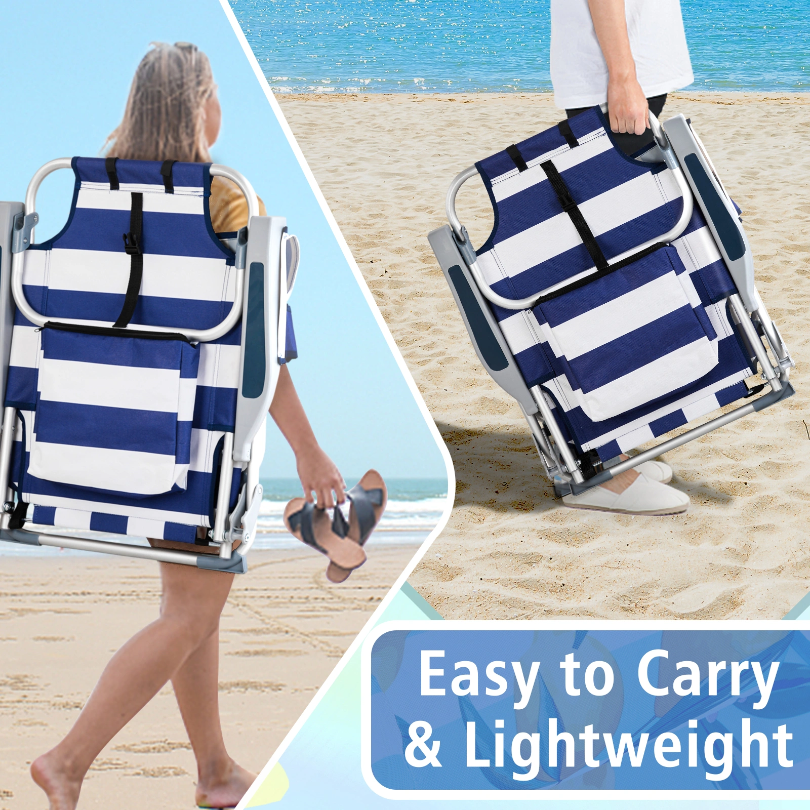 63*65*82cm Short Oxford Cloth Silver White Aluminum Tube Bearing 100kg Beach Chair Blue Stripes view 4