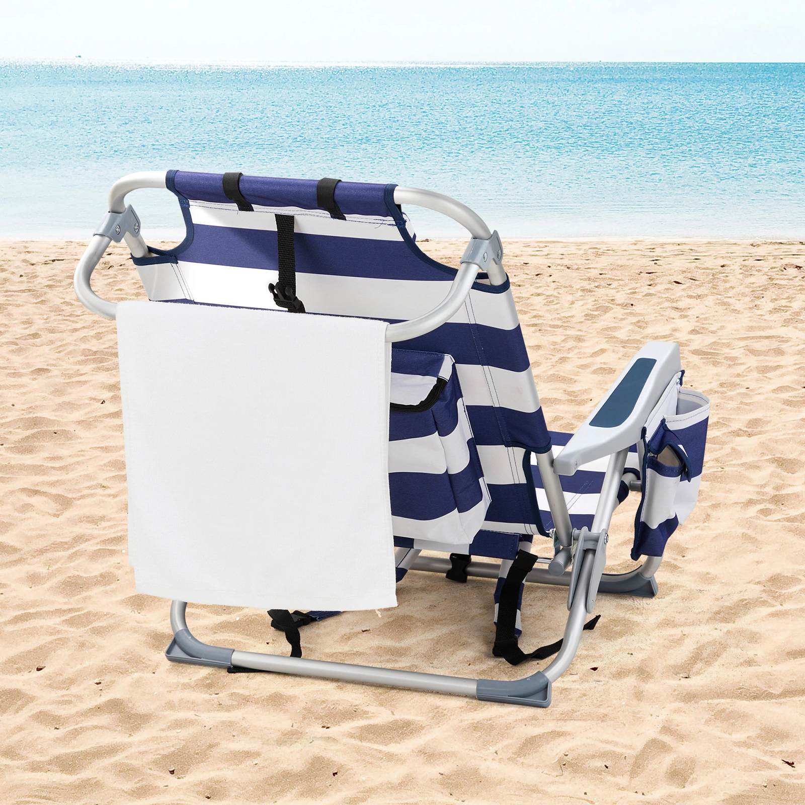 63*65*82cm Short Oxford Cloth Silver White Aluminum Tube Bearing 100kg Beach Chair Blue Stripes view 5