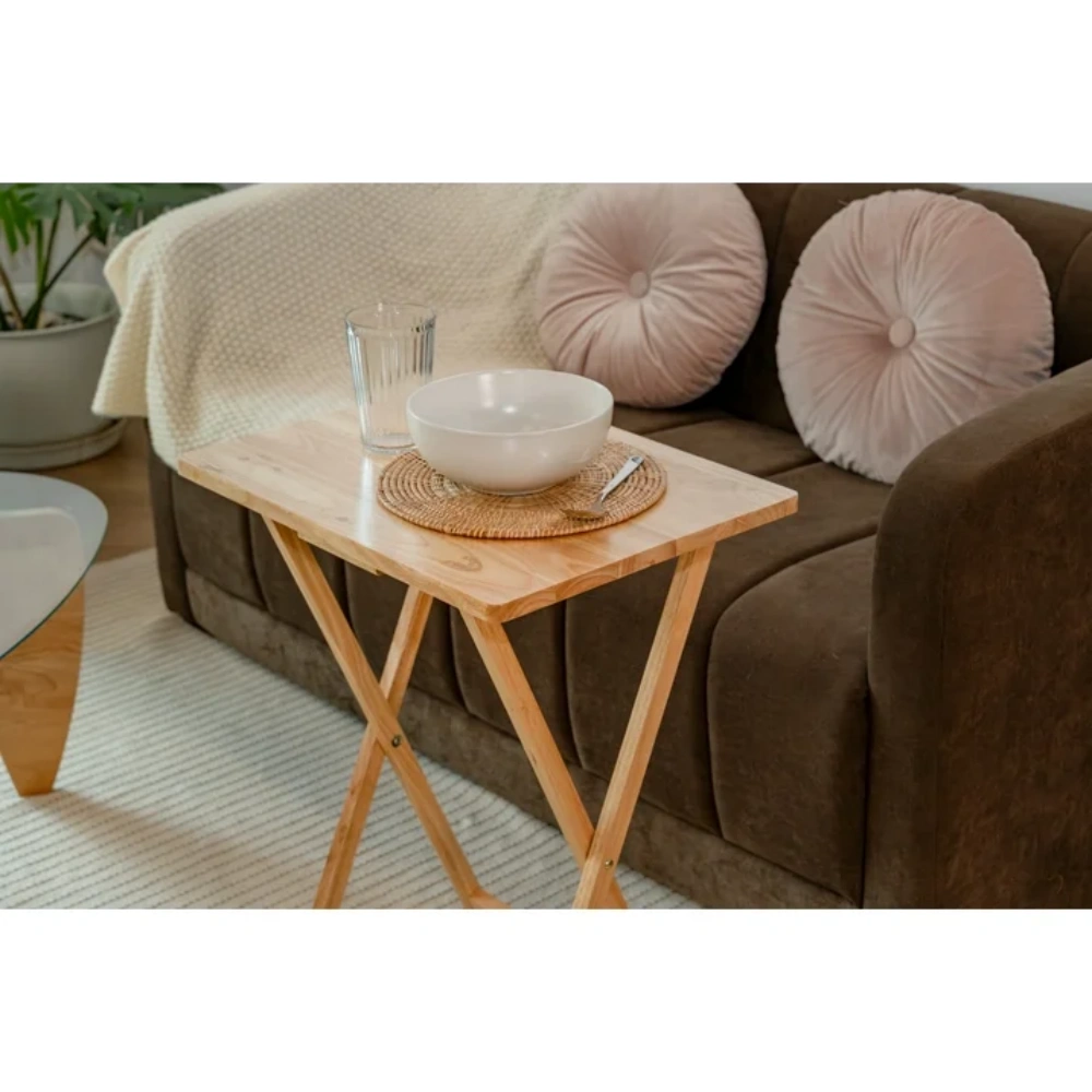 5-Piece Rubberwood Folding TV Tray Table Set of 4 with Storage Rack, Natural view 6